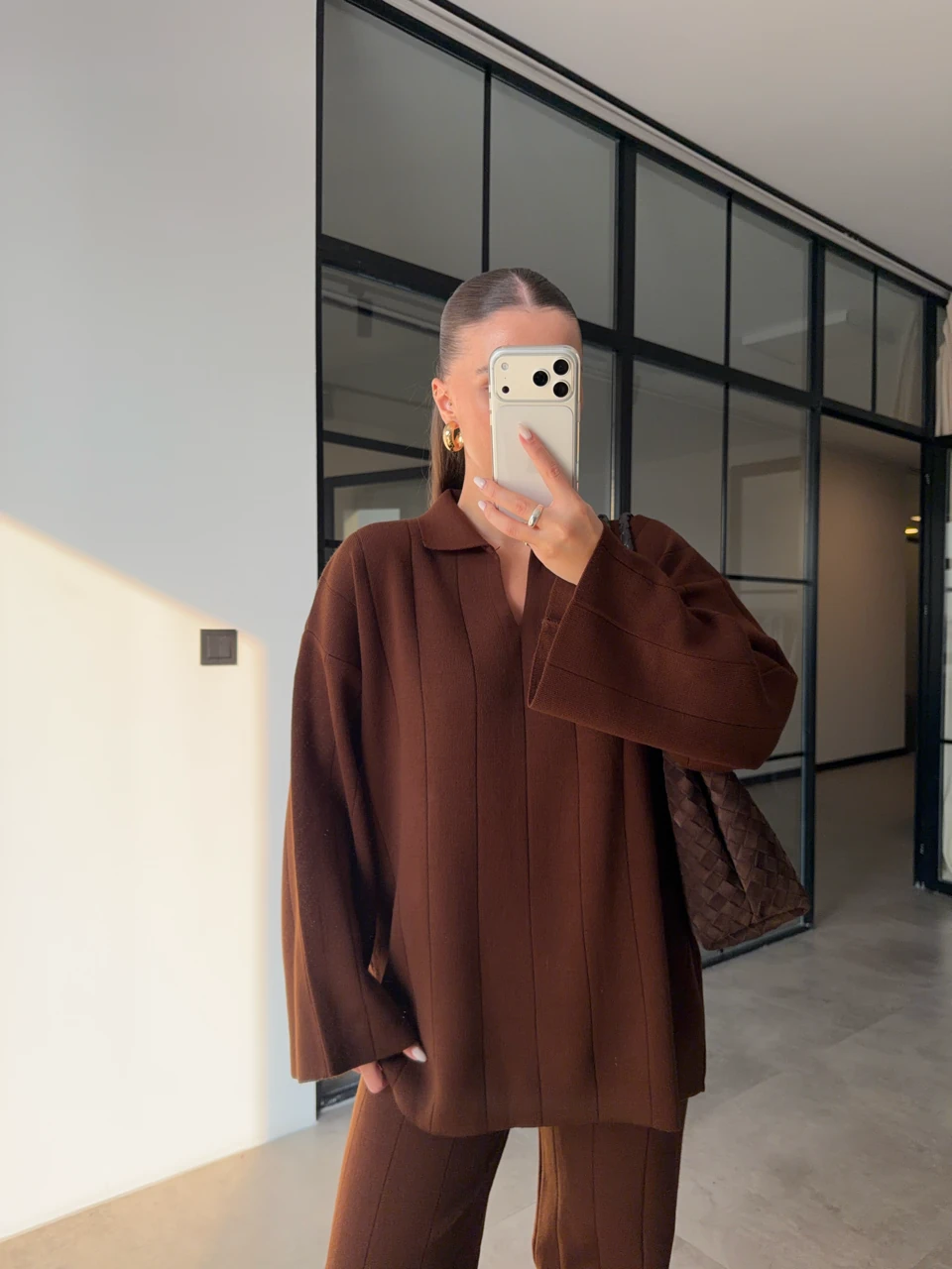 POLO YAKA İNCE ÇİZGİLİ TRİKO TAKIM - Kahverengi