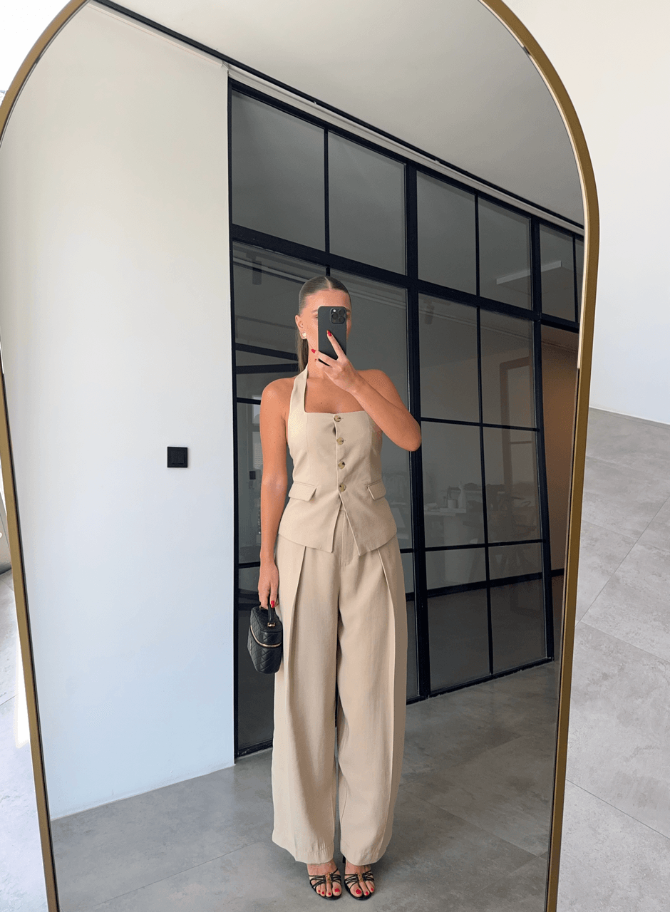 BOL KESİM PANTOLON YELEK CAMEL TAKIM