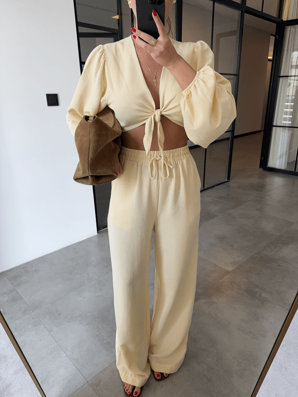 BAĞLAMALI CROP BLUZ PANTOLON SARI KETEN TAKIM