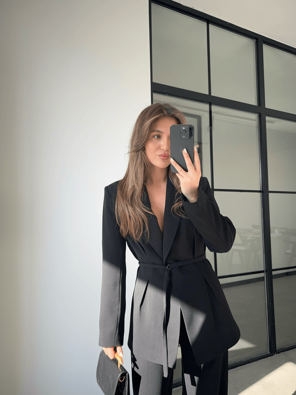 PREMİUM BELİ KEMERLİ SİYAH BLAZER CEKET