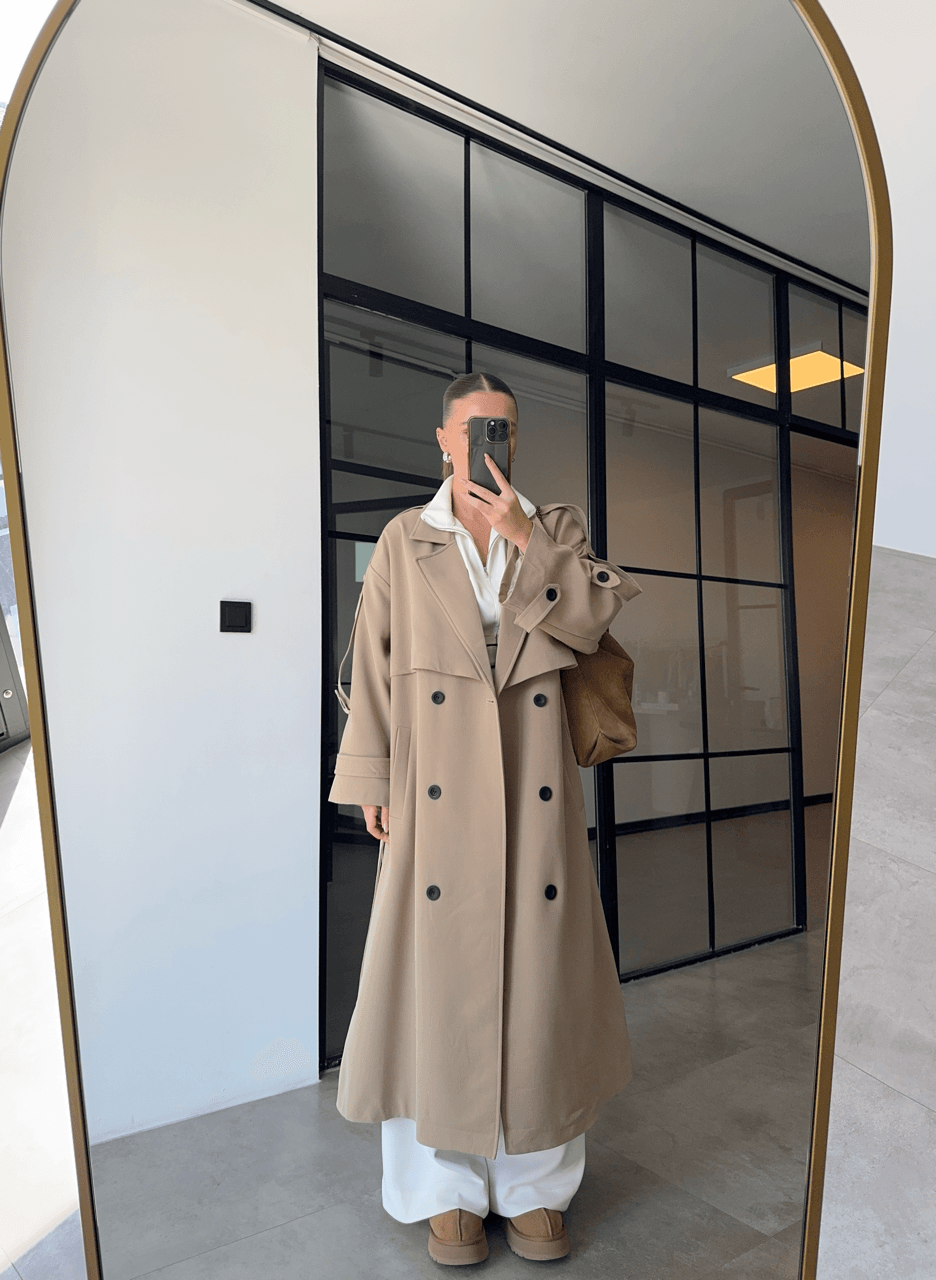 DÜŞÜK OMUZ OVERSİZE CAMEL TRENÇKOT