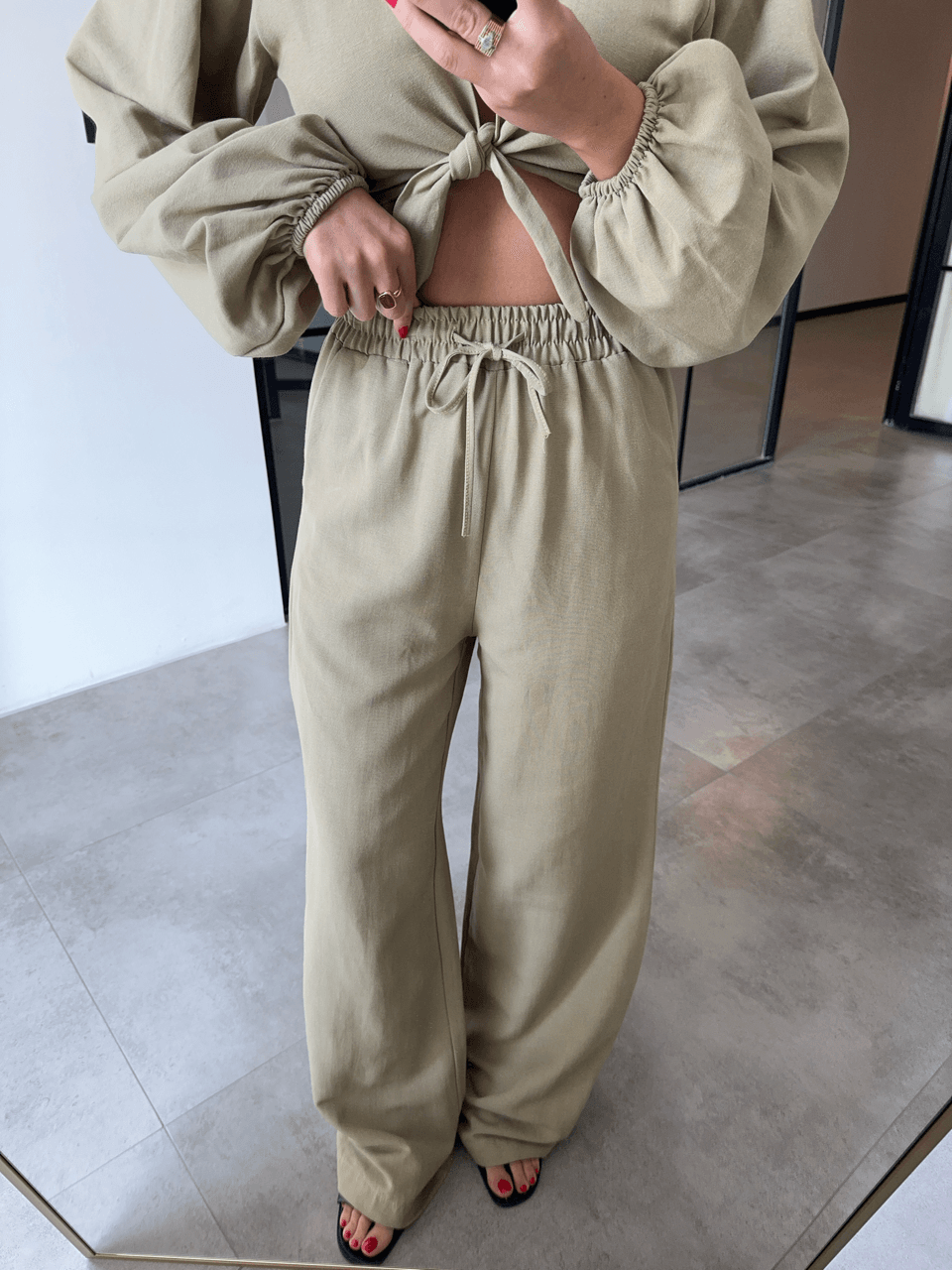 BAĞLAMALI CROP BLUZ PANTOLON HAKİ KETEN TAKIM