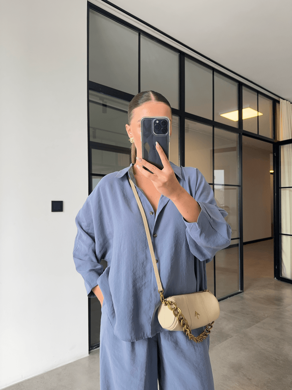 TENCEL KUMAŞ GRİ MAVİ GÖMLEK PANTOLON TAKIM