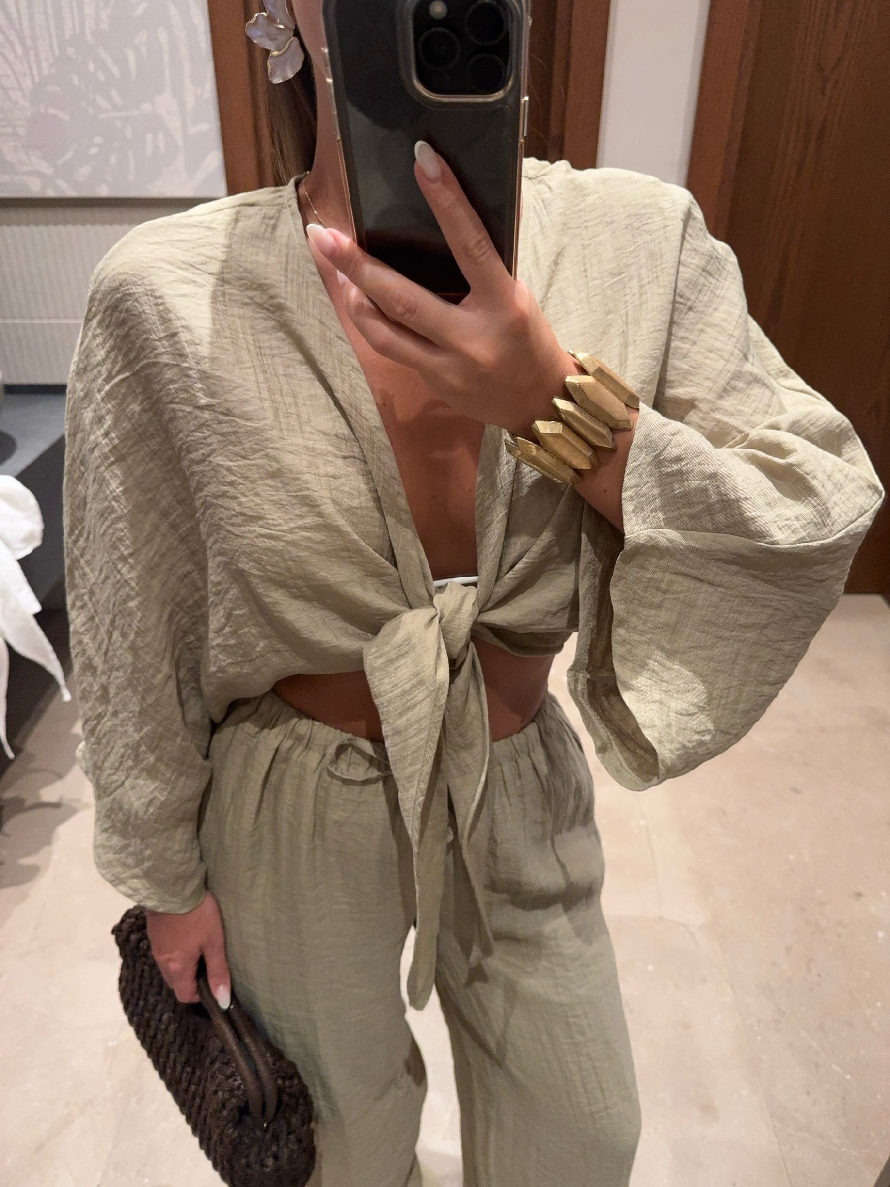 BAĞLAMALI CROP BLUZ PANTOLON HAKİ GOFRE TAKIM