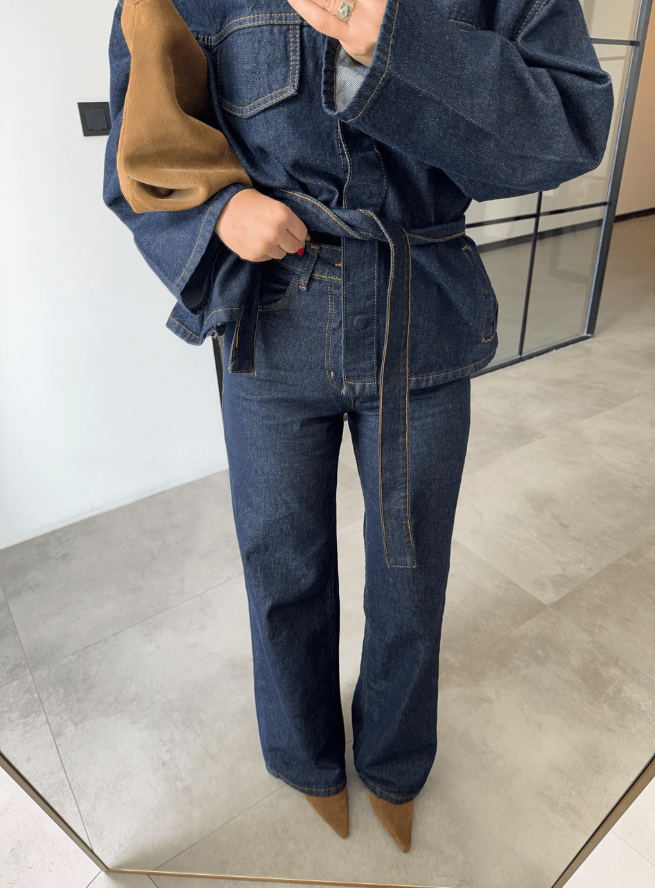 BELİ KUŞAKLI CEKET PANTOLON DENİM TAKIM
