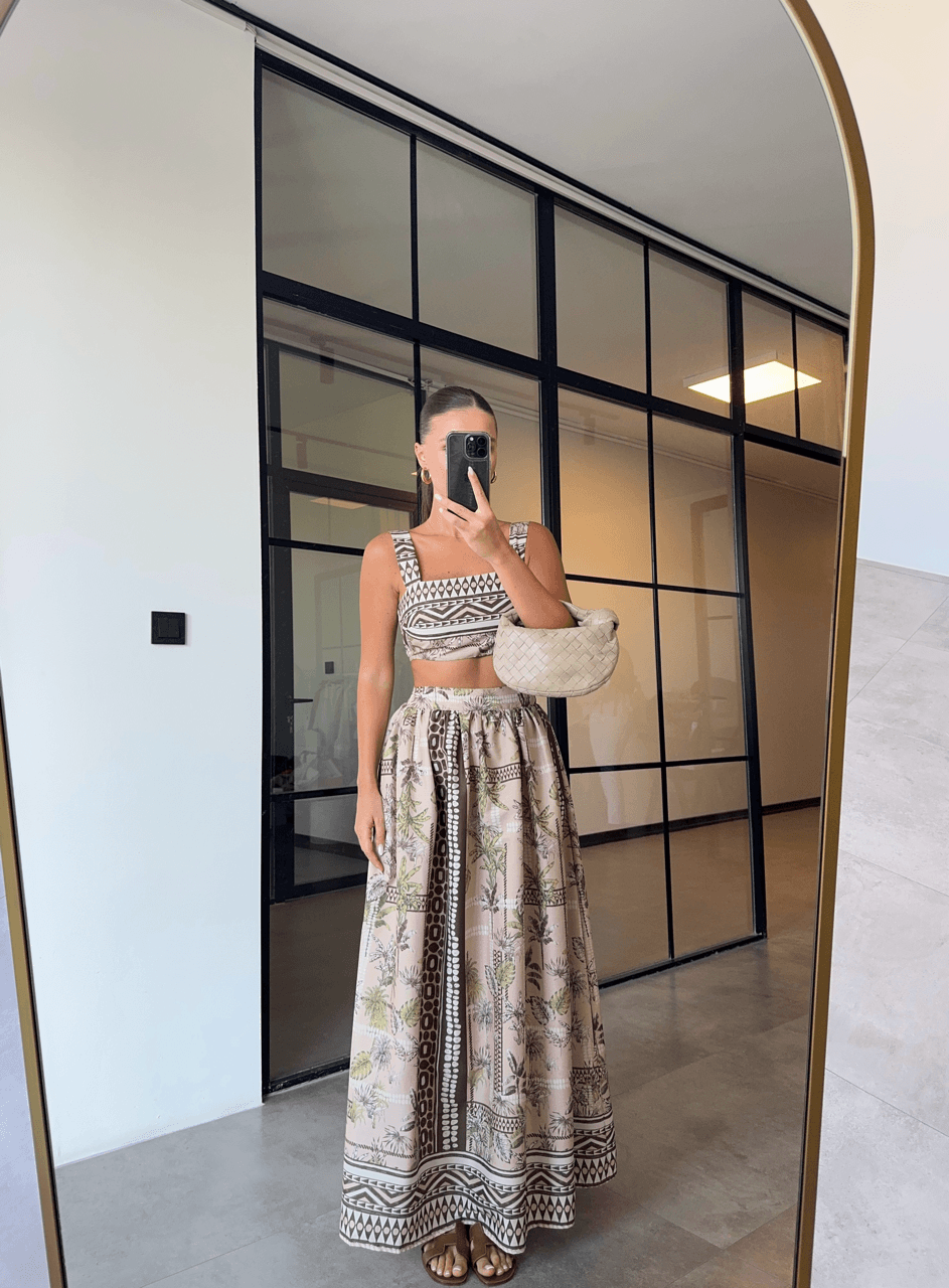 THICK STRAP CROP MAXI SKIRT BROWN PATTERNED SUIT