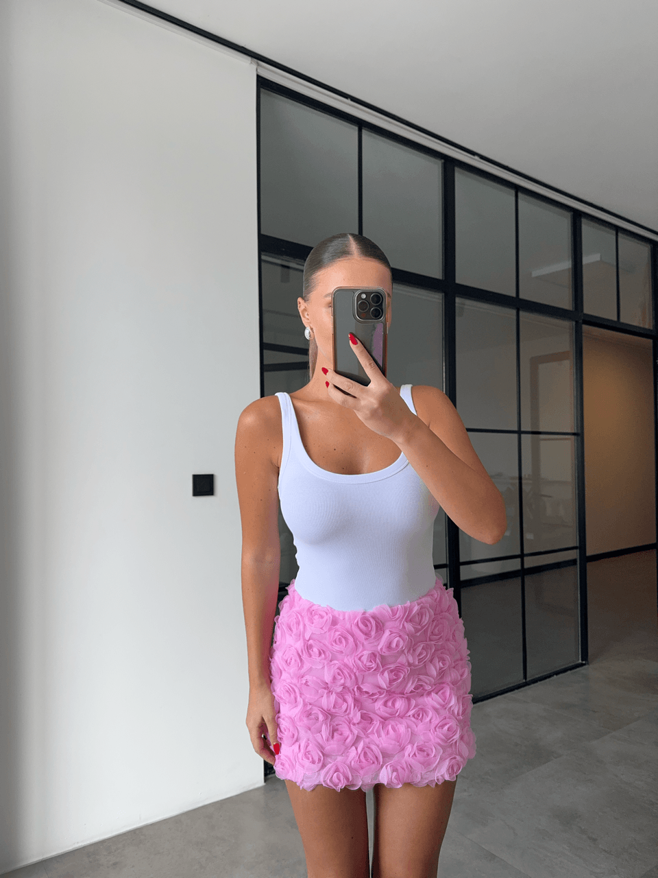 KABARTMA GÜL DETAYLI PEMBE MİNİ ETEK