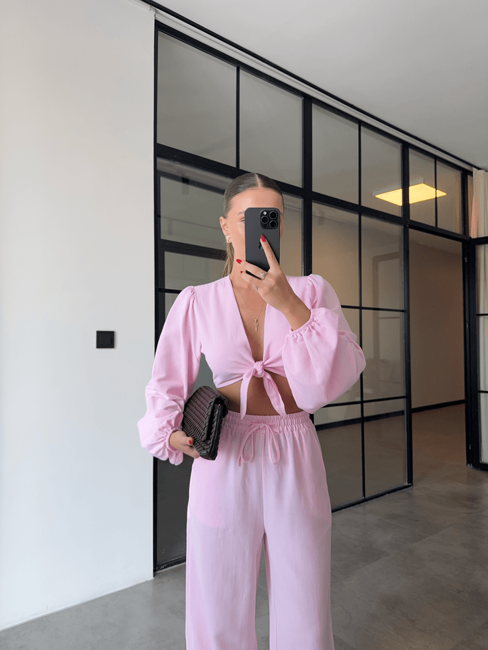 BAĞLAMALI CROP BLUZ PANTOLON PEMBE KETEN TAKIM