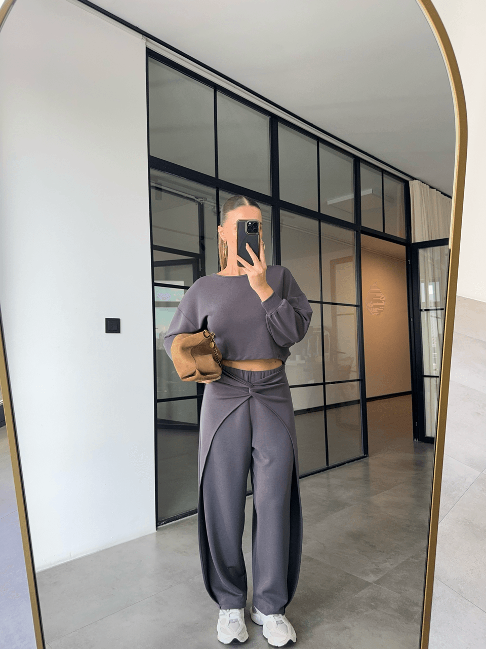 SIRT DEKOLTELİ SWEAT DÜĞÜMLÜ PANTOLON ANTRASİT MODAL TAKIM