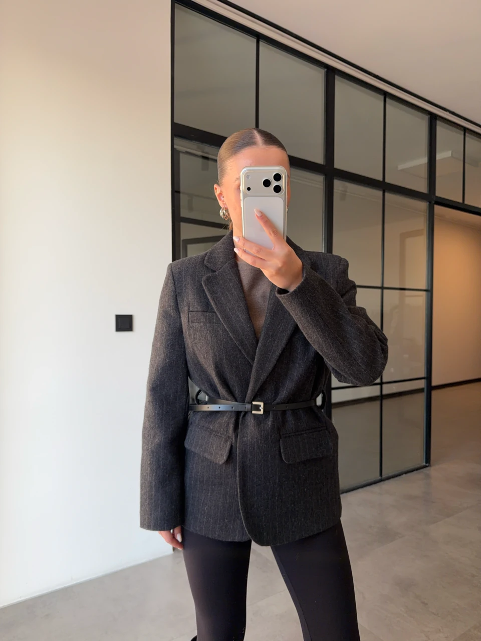 ANTRASİT ÇİZGİLİ KEMERLİ KAŞE CEKET