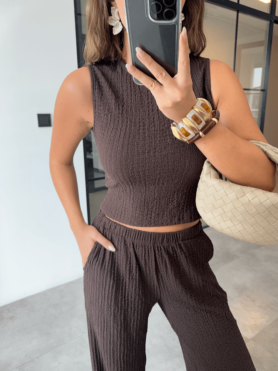 DOKULU BLUZ PANTOLON KAHVERENGİ TAKIM