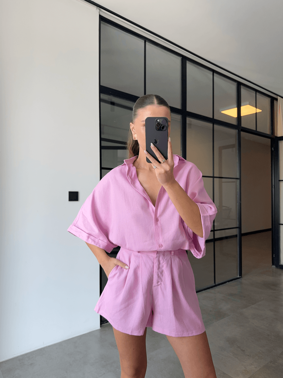 SHORT SLEEVE SHIRT SHORT PINK LINEN SUIT