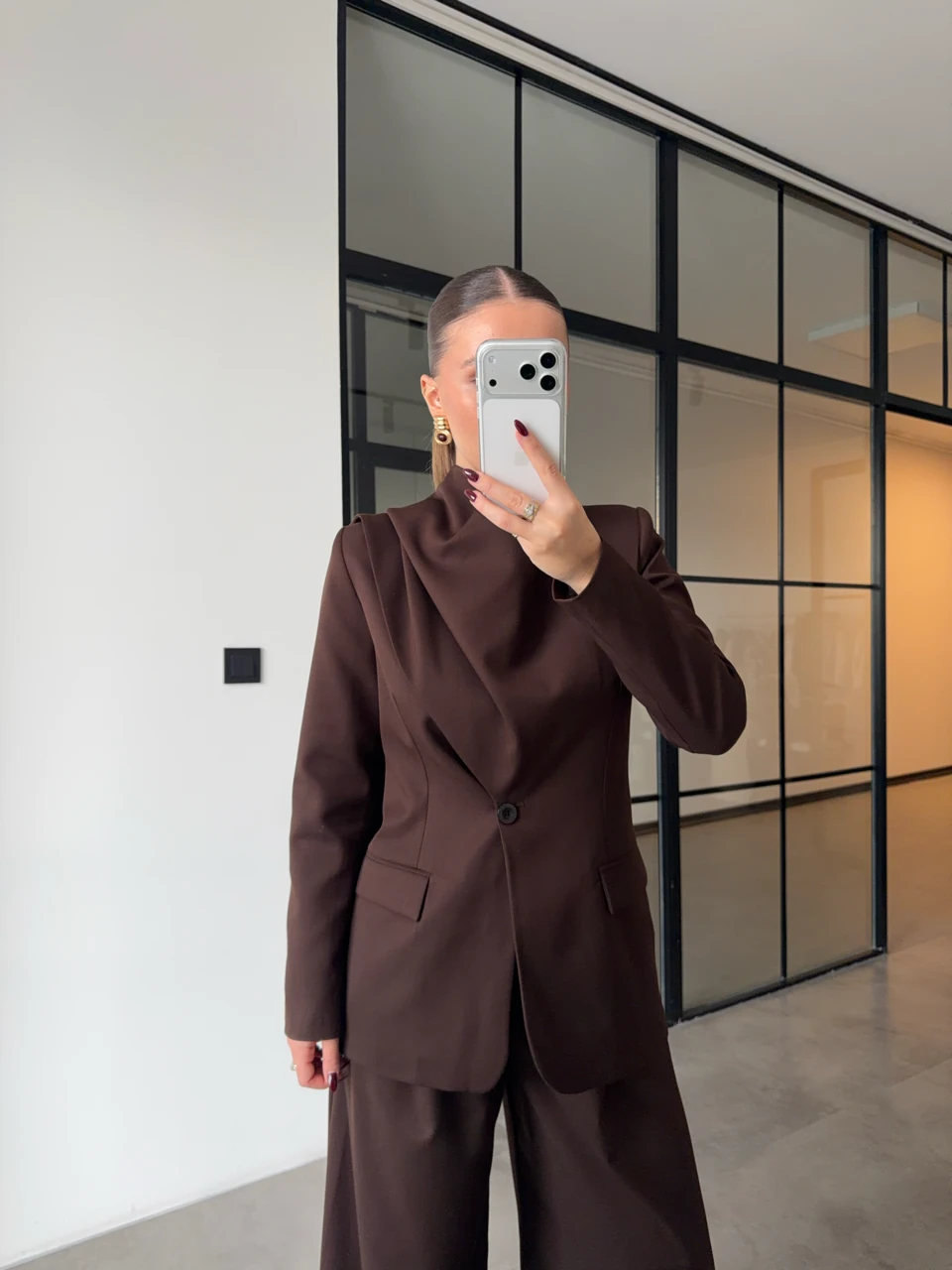 ŞAL DETAYLI CEKET PANTOLON KAHVERENGİ TAKIM