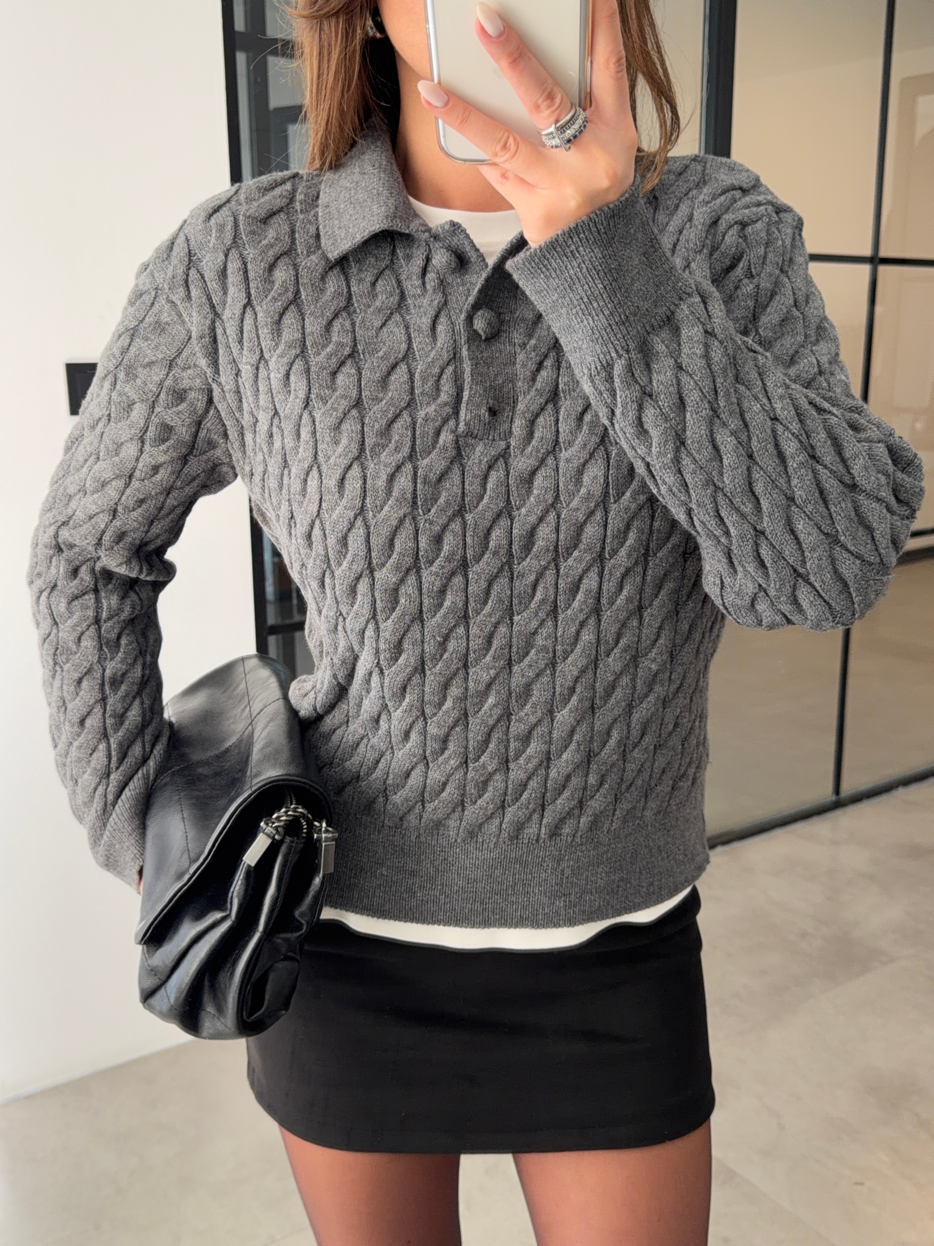 SAÇ ÖRGÜ POLO YAKA ANTRASİT KAZAK