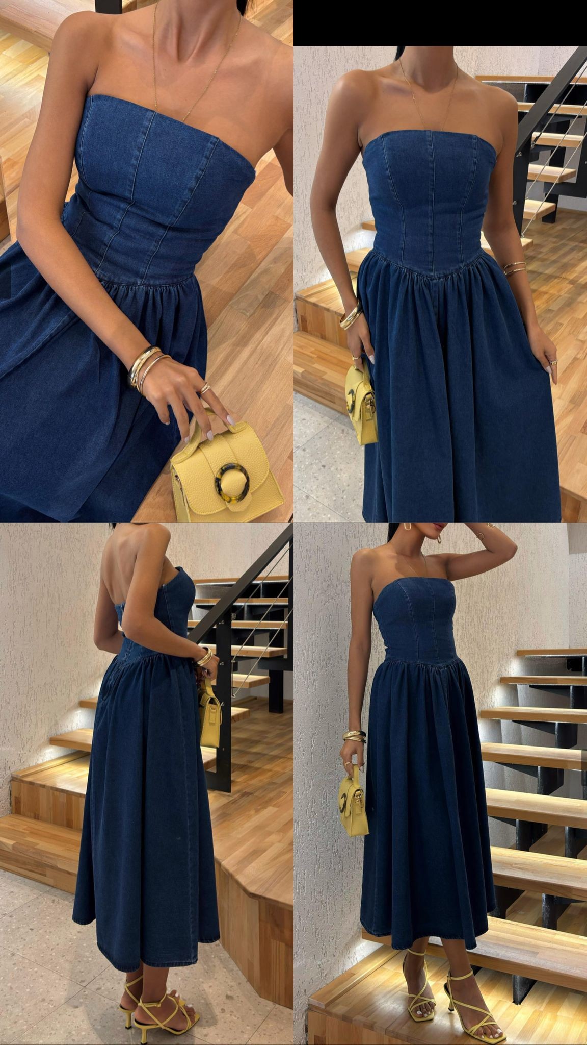 Straplez denim midi elbise