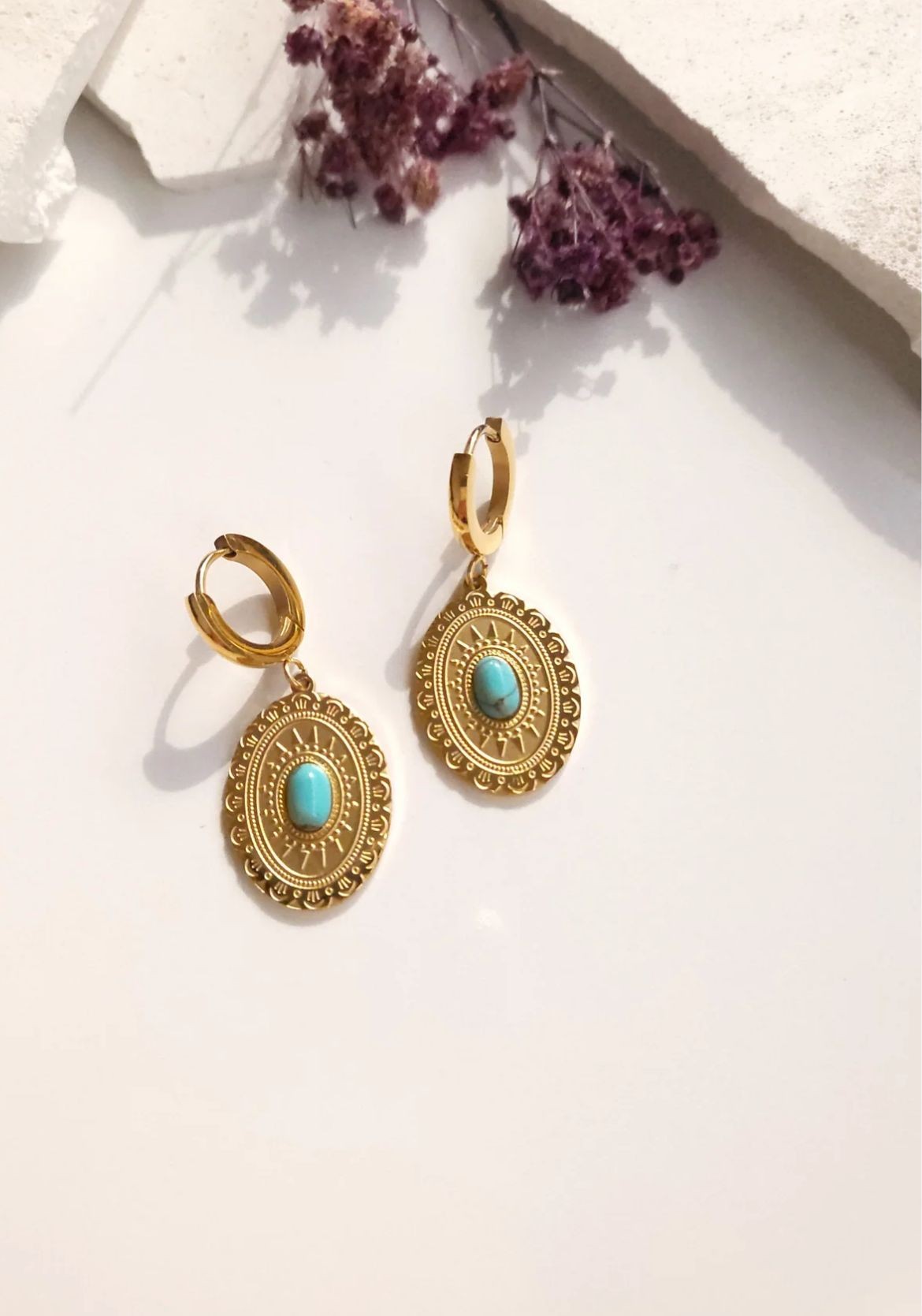 FİRUZE TAŞLI ETNİK GOLD ÇELİK KÜPE