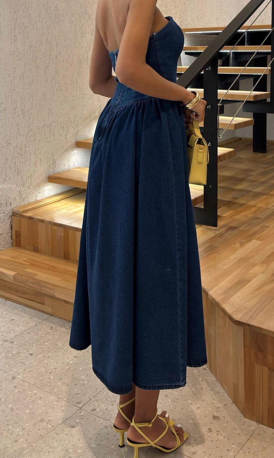 Straplez denim midi elbise