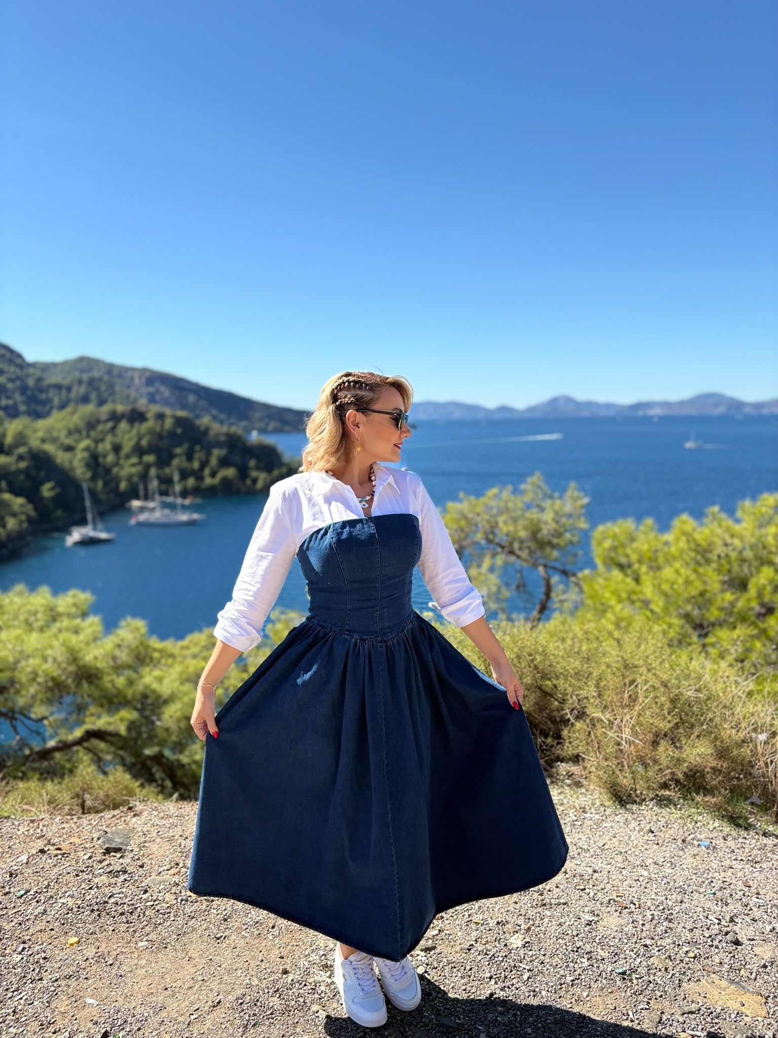 Straplez denim midi elbise