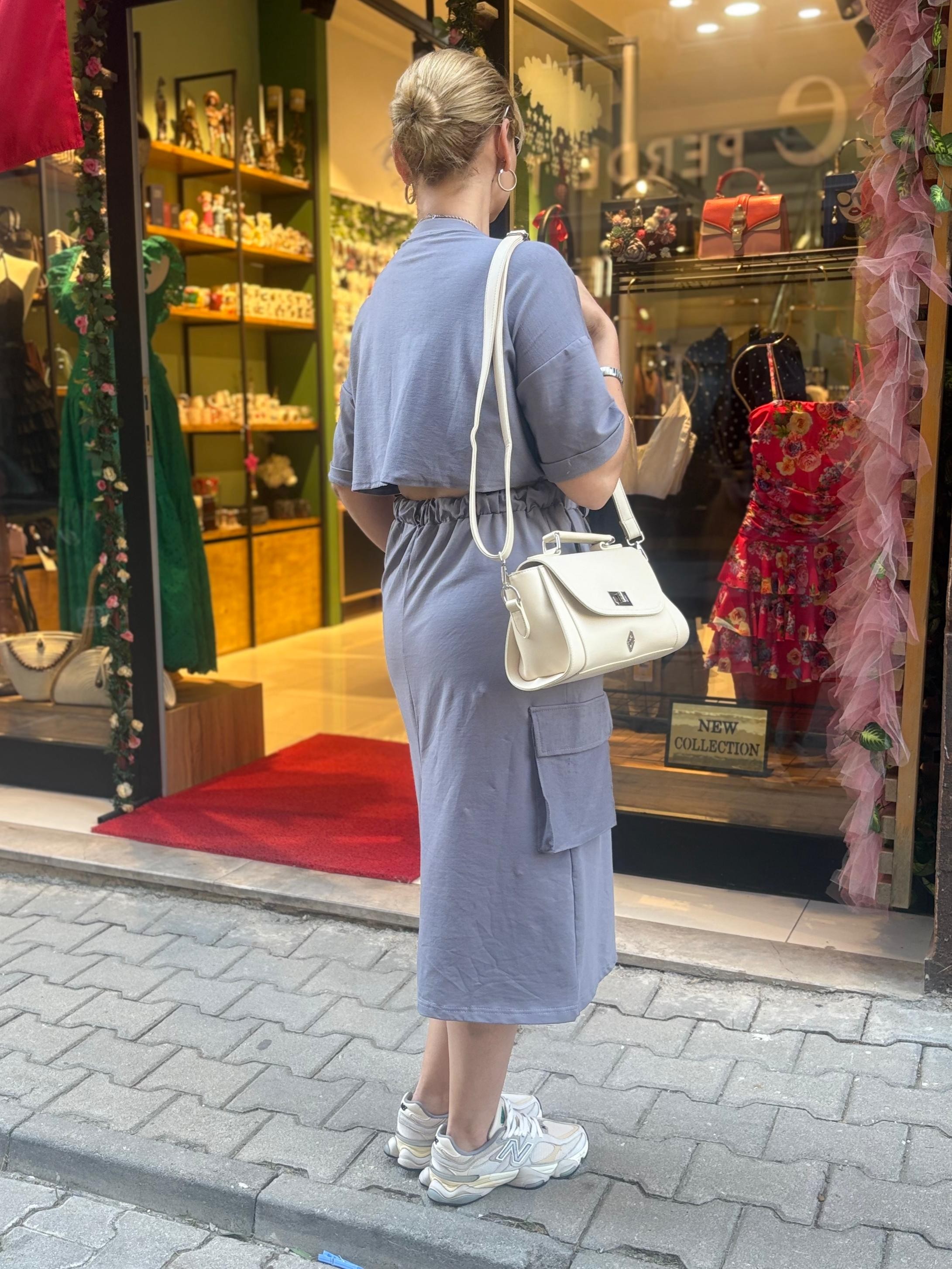 Twst model arkası pencere detaylı elbise - gri