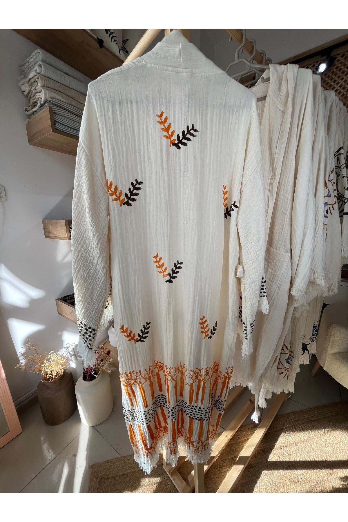 %100 Pamuklu Etnik Desenli Müslin Kimono Yeni Nesil Bornoz Kaftan Sabahlık - El Baskı