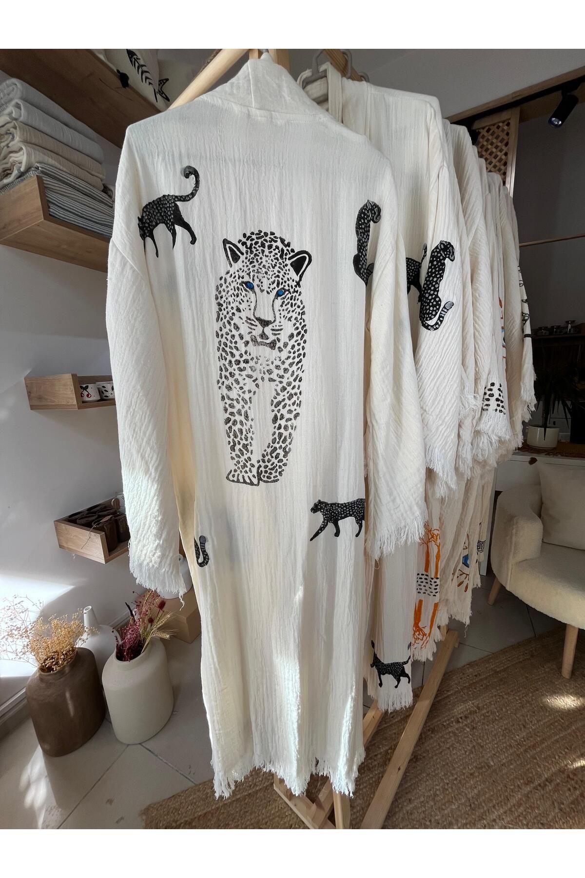 %100 Pamuklu Kaplan Desenli Müslin Kimono Yeni Nesil Bornoz Kaftan Sabahlık - El Baskı