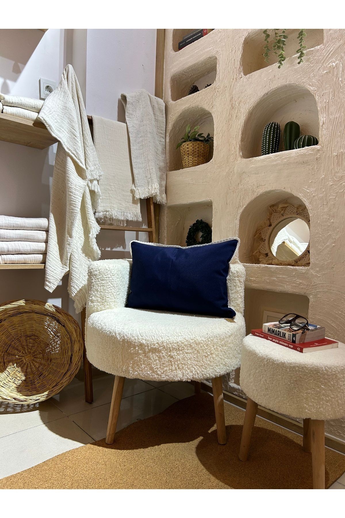ANİKA Home Keten Kırlent Kılıfı / Fistolu / Lacivert