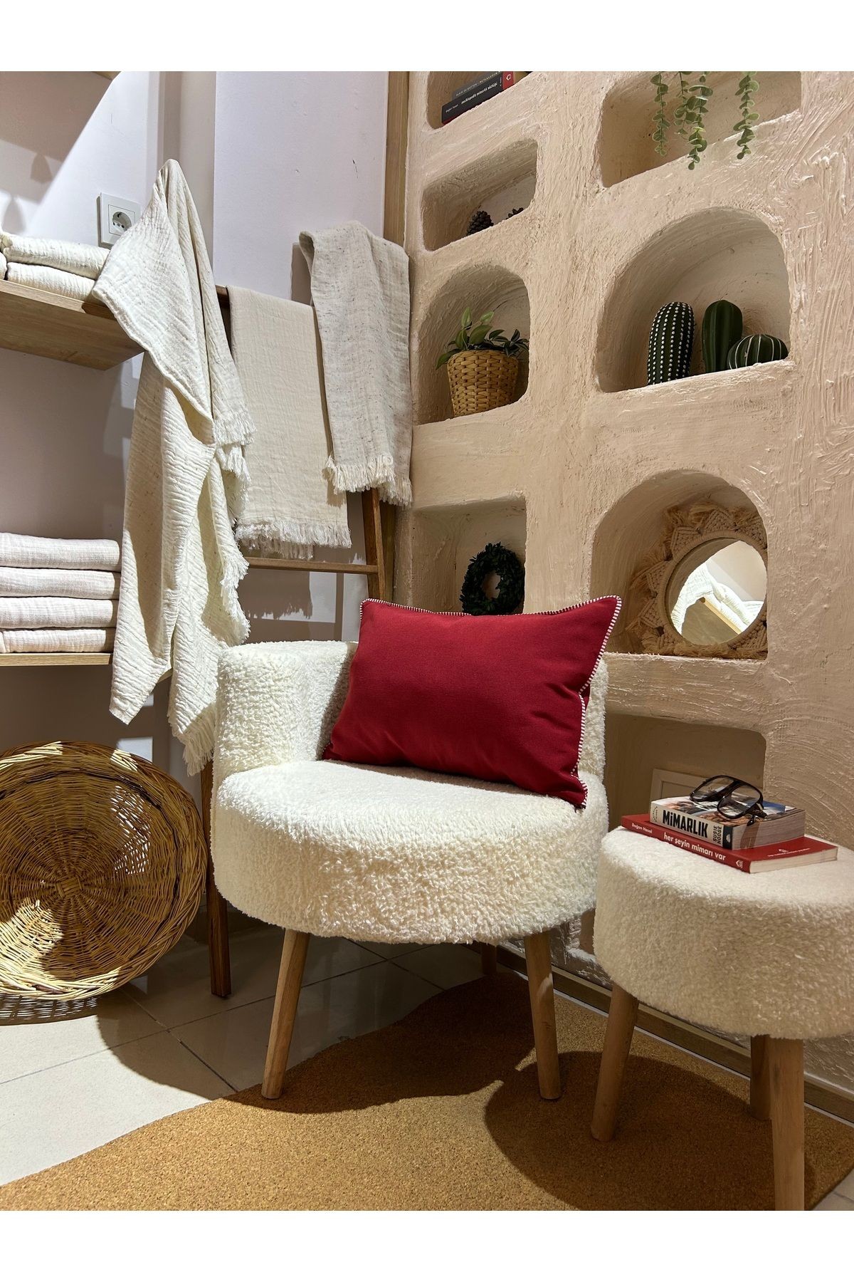ANİKA Home Keten Kırlent Kılıfı / Çizgili Biyeli / Bordo