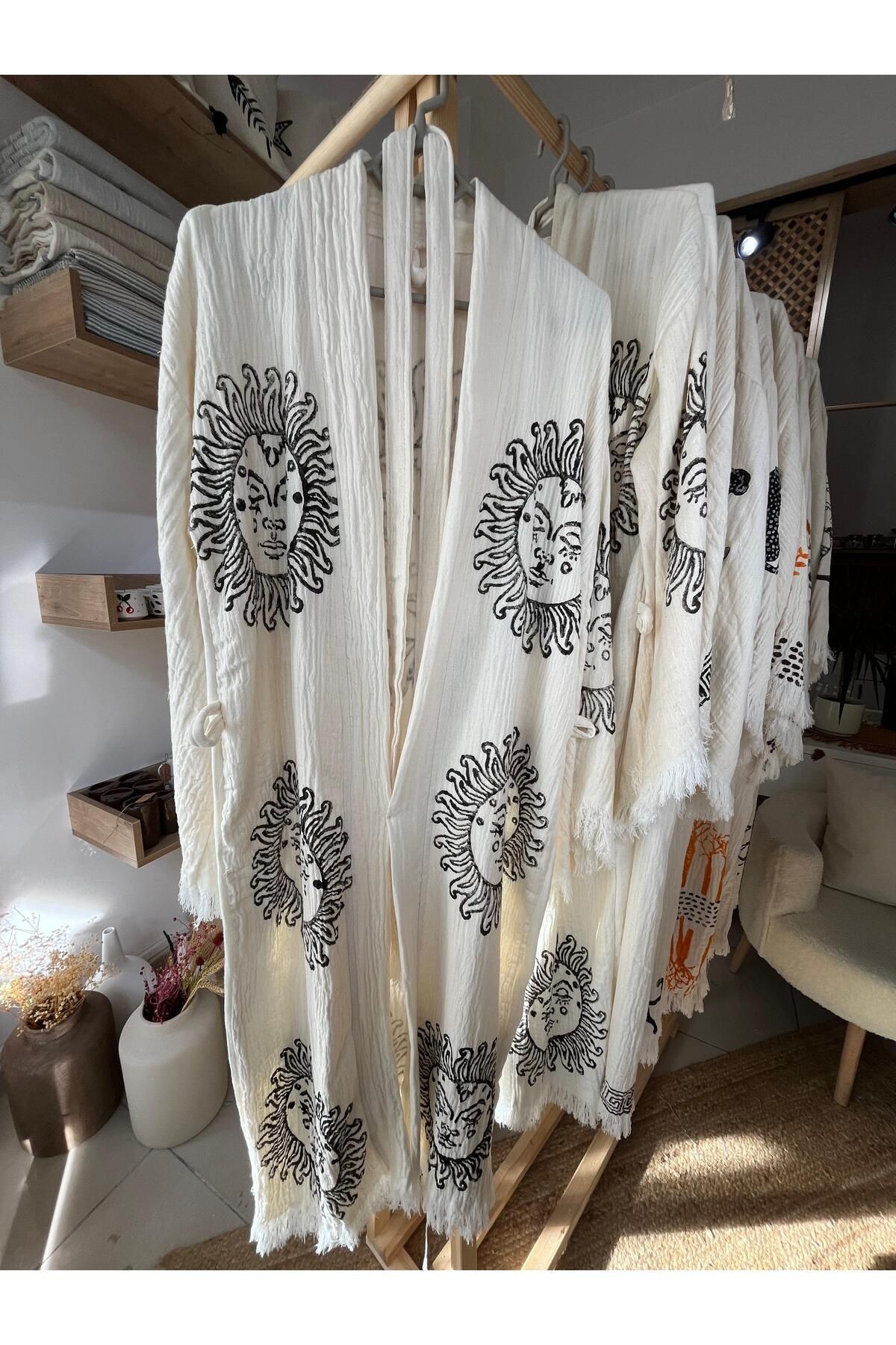 Anika %100 Pamuklu Güneş Desenli Müslin Kimono Yeni Nesil Bornoz Kaftan Sabahlık - El Baskı