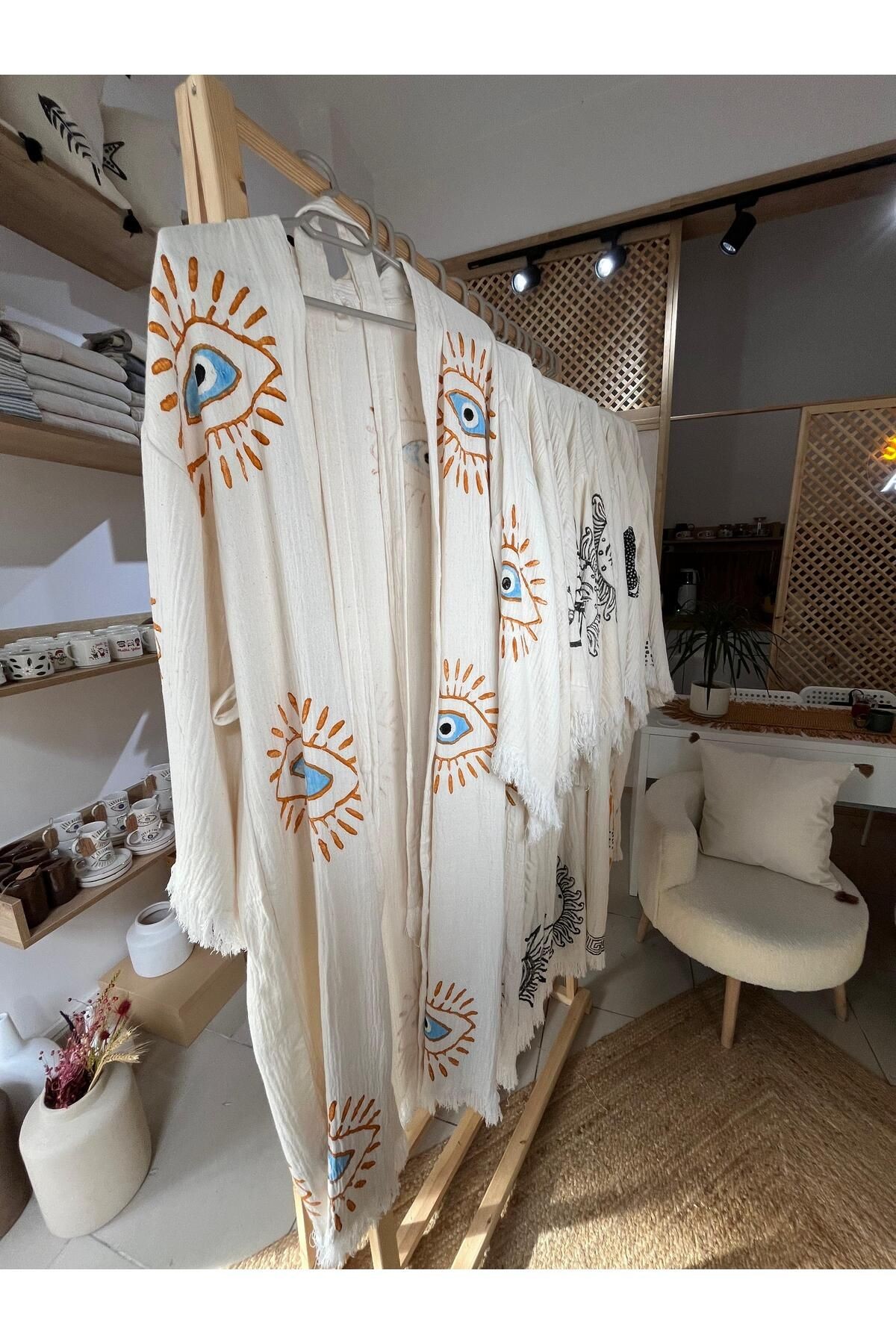 %100 Pamuklu Göz Desenli Müslin Kimono Yeni Nesil Bornoz Kaftan Sabahlık - El Baskı