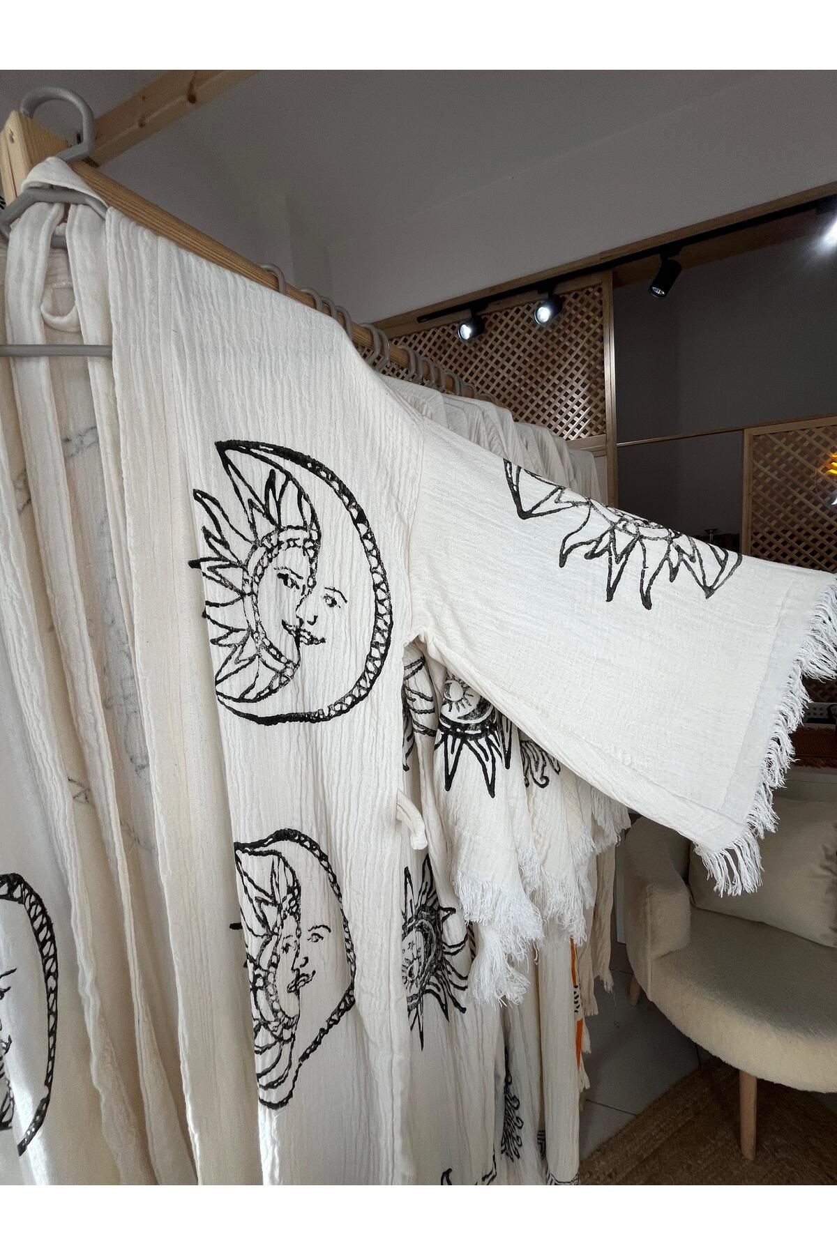 %100 Pamuklu Güneş ve Ay Desenli Müslin Kimono Yeni Nesil Bornoz Kaftan Sabahlık - El Baskı