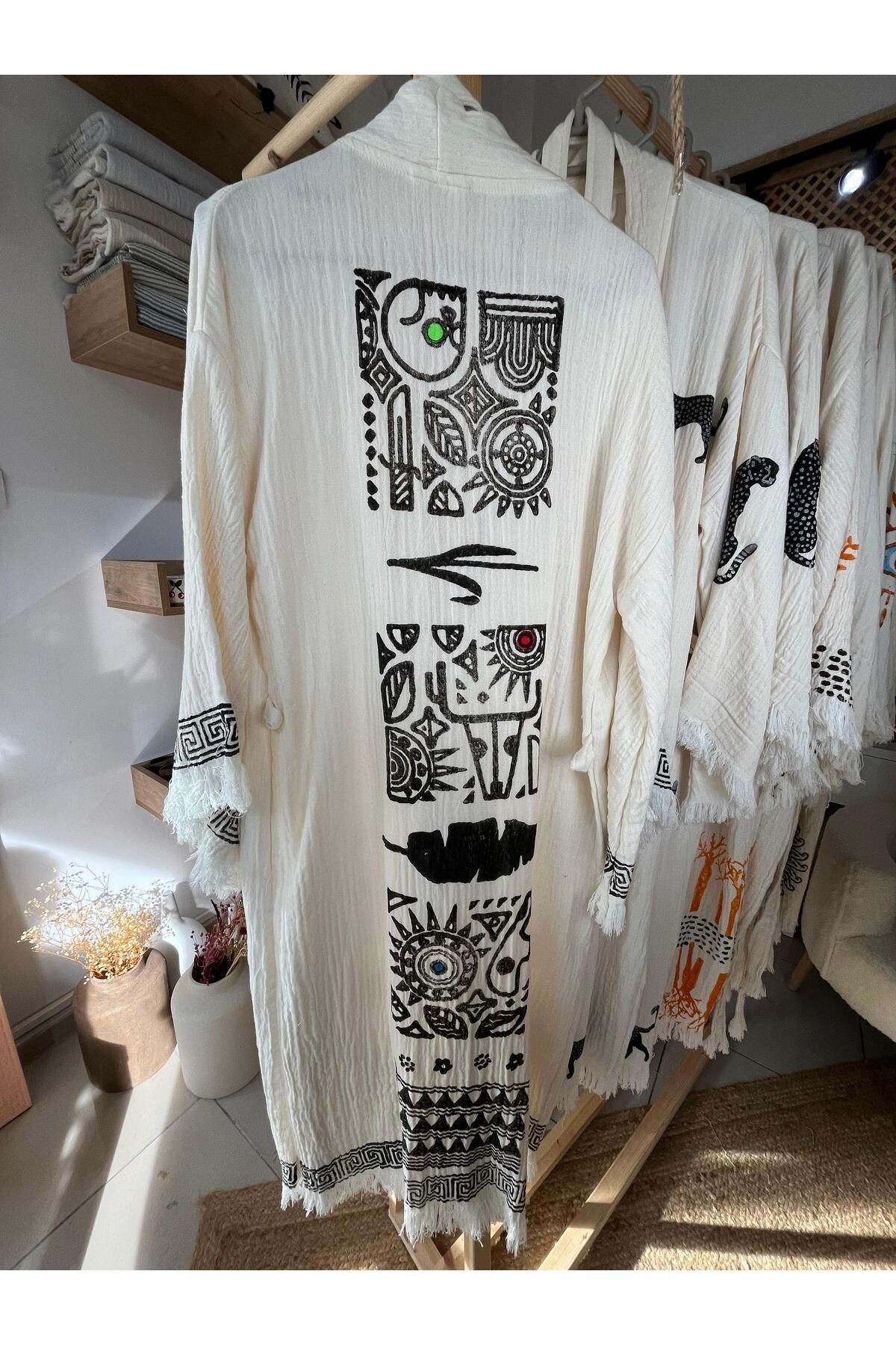 %100 Pamuklu Etnik Desenli Müslin Kimono Yeni Nesil Bornoz Kaftan Sabahlık - El Baskı
