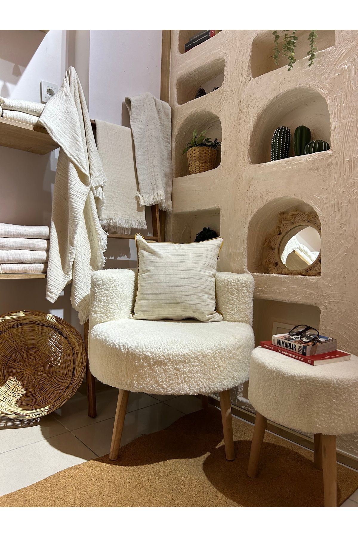 ANİKA Home Keten Kırlent Kılıfı / Hardal Biyeli / Krem /Kare /Yatay çizgili