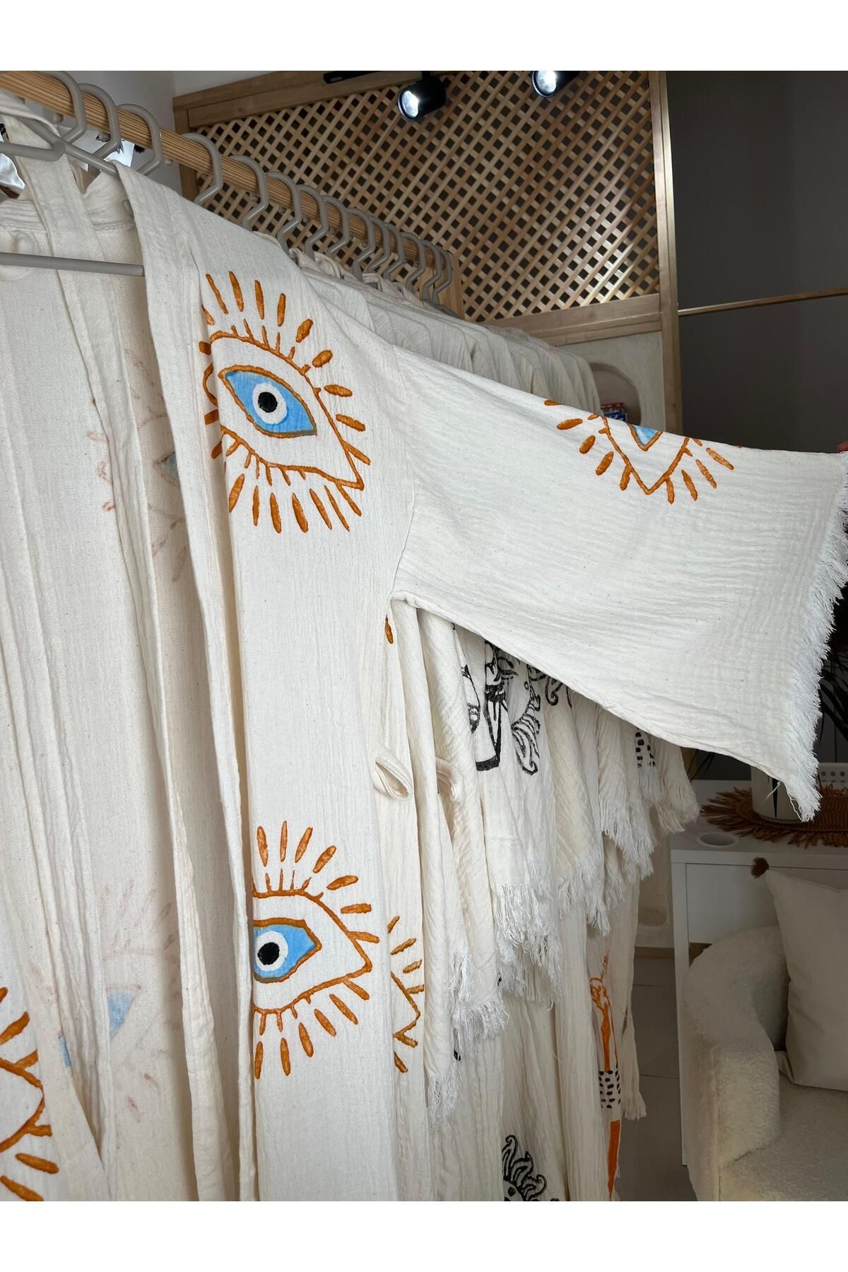 %100 Pamuklu Göz Desenli Müslin Kimono Yeni Nesil Bornoz Kaftan Sabahlık - El Baskı