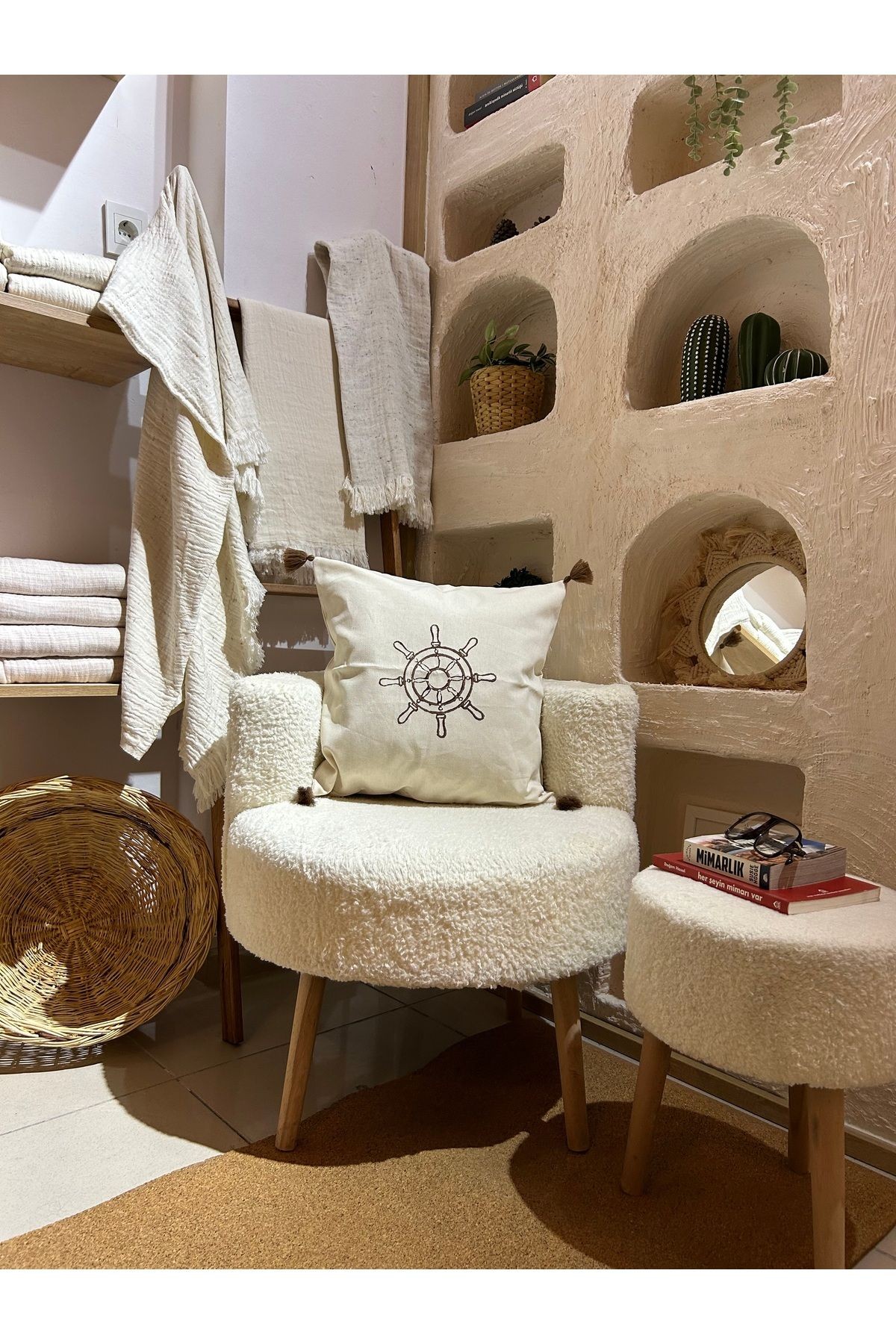 ANİKA Home Keten Kırlent Kılıfı  / Krem /Kare /El baskılı/ Dümen