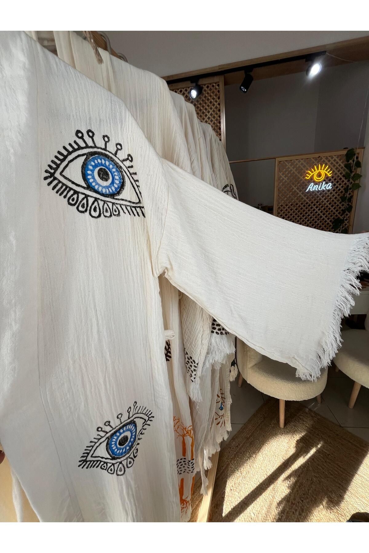 %100 Pamuklu Göz Desenli Müslin Kimono Yeni Nesil Bornoz Kaftan Sabahlık - El Baskı