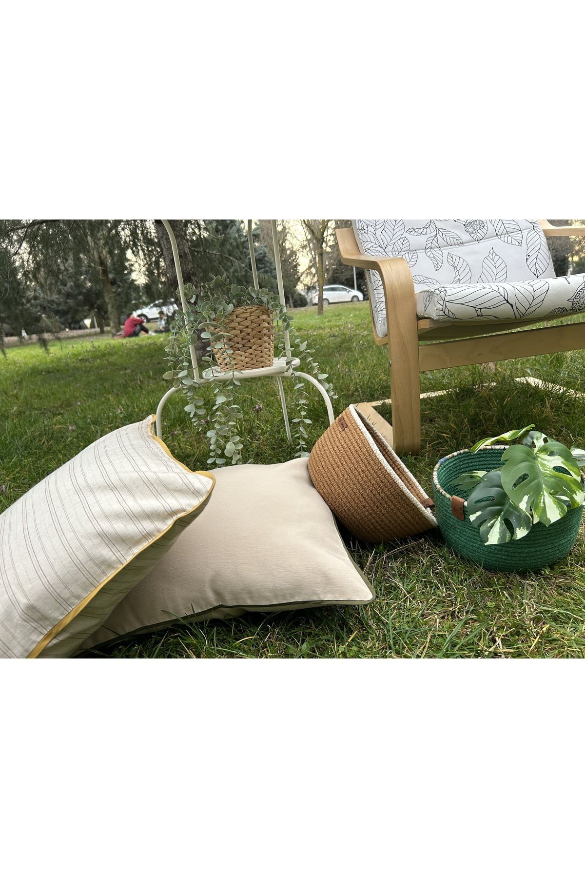 Anika Home Keten Kırlent Kılıfı / Haki Renk Biyeli / Bej
