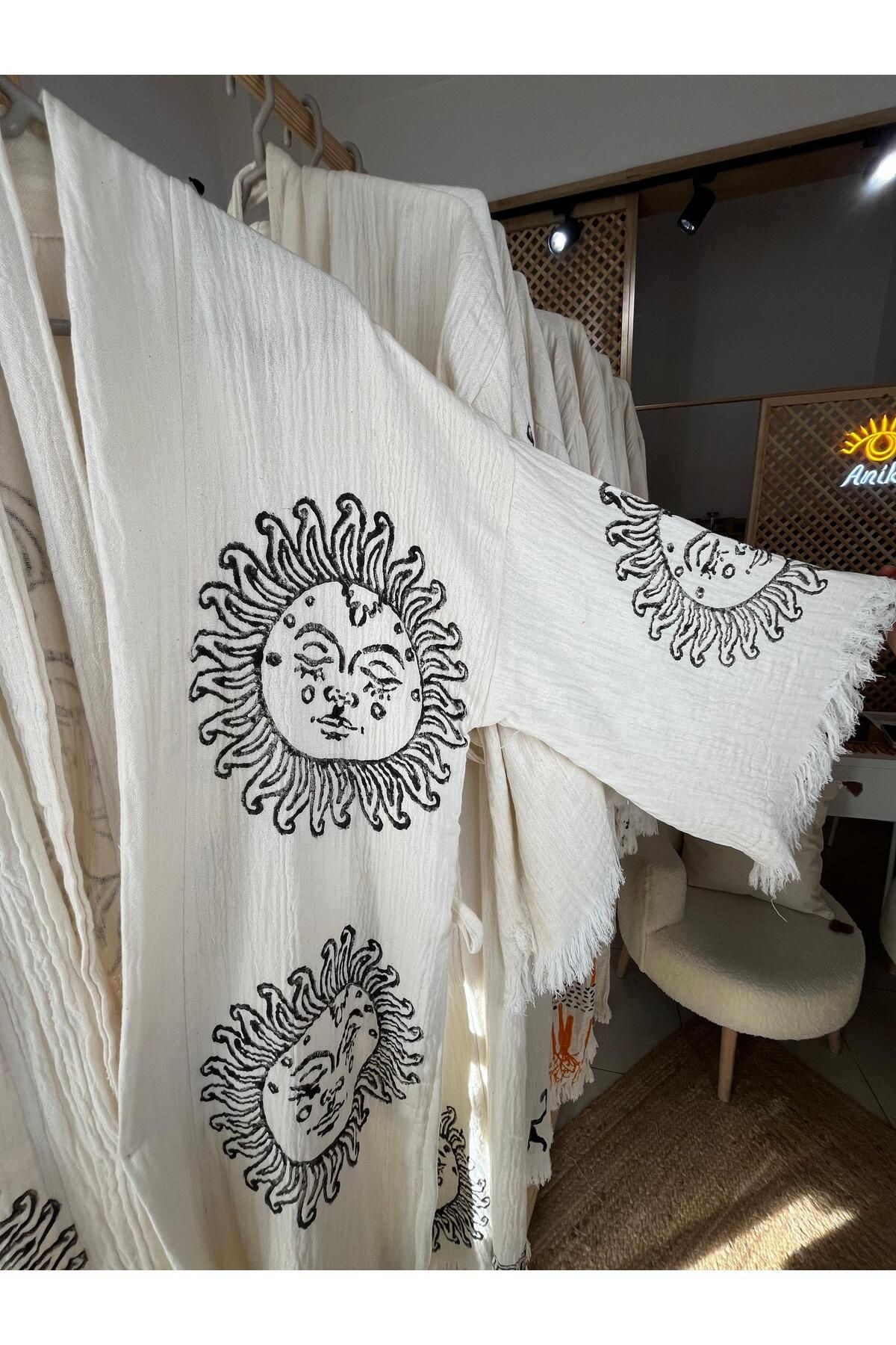 Anika %100 Pamuklu Güneş Desenli Müslin Kimono Yeni Nesil Bornoz Kaftan Sabahlık - El Baskı