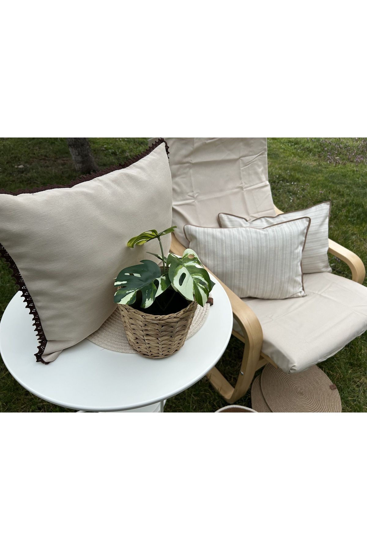 ANİKA Home Keten Kırlent Kılıfı / Kahve Fistolu / Bej