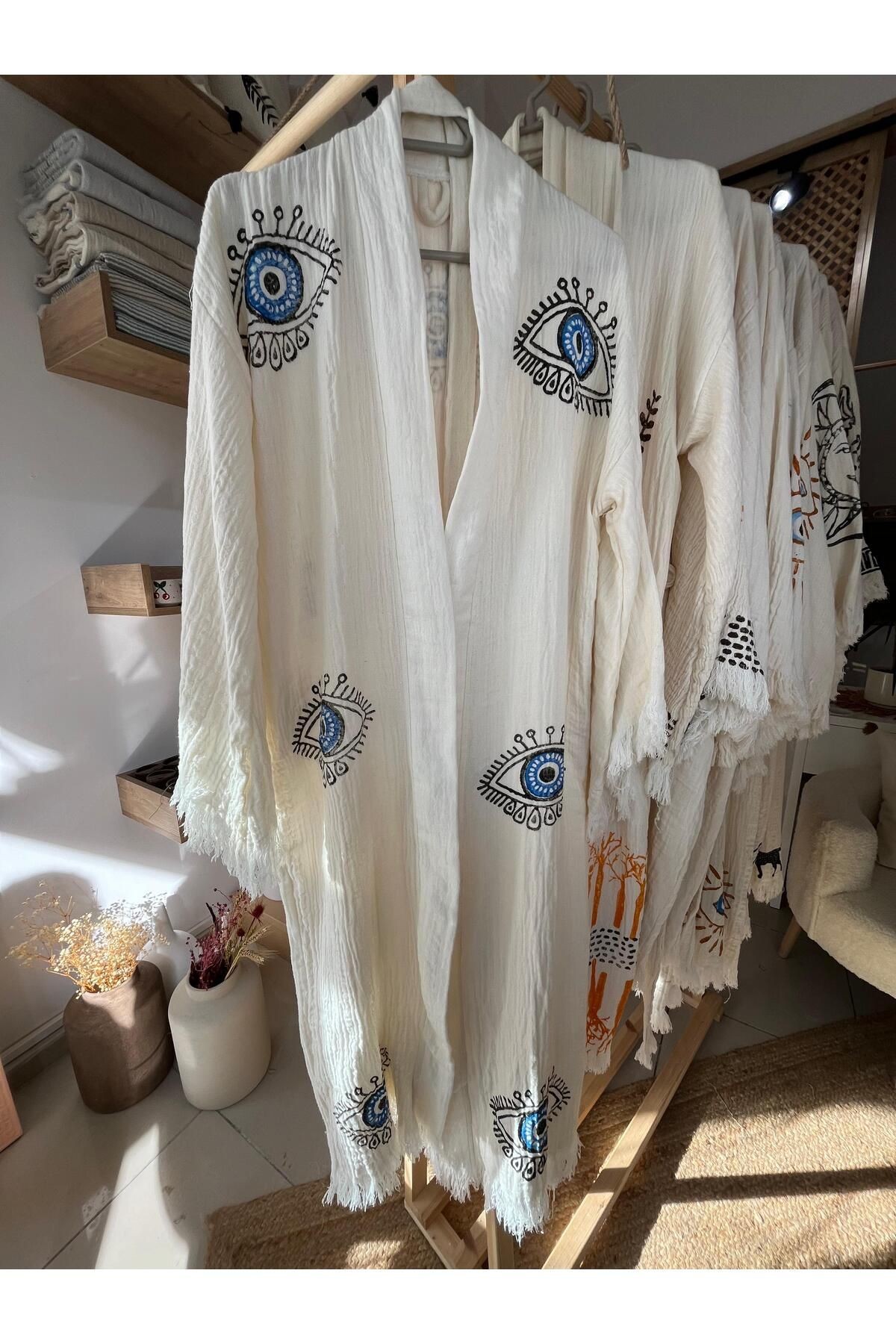 %100 Pamuklu Göz Desenli Müslin Kimono Yeni Nesil Bornoz Kaftan Sabahlık - El Baskı