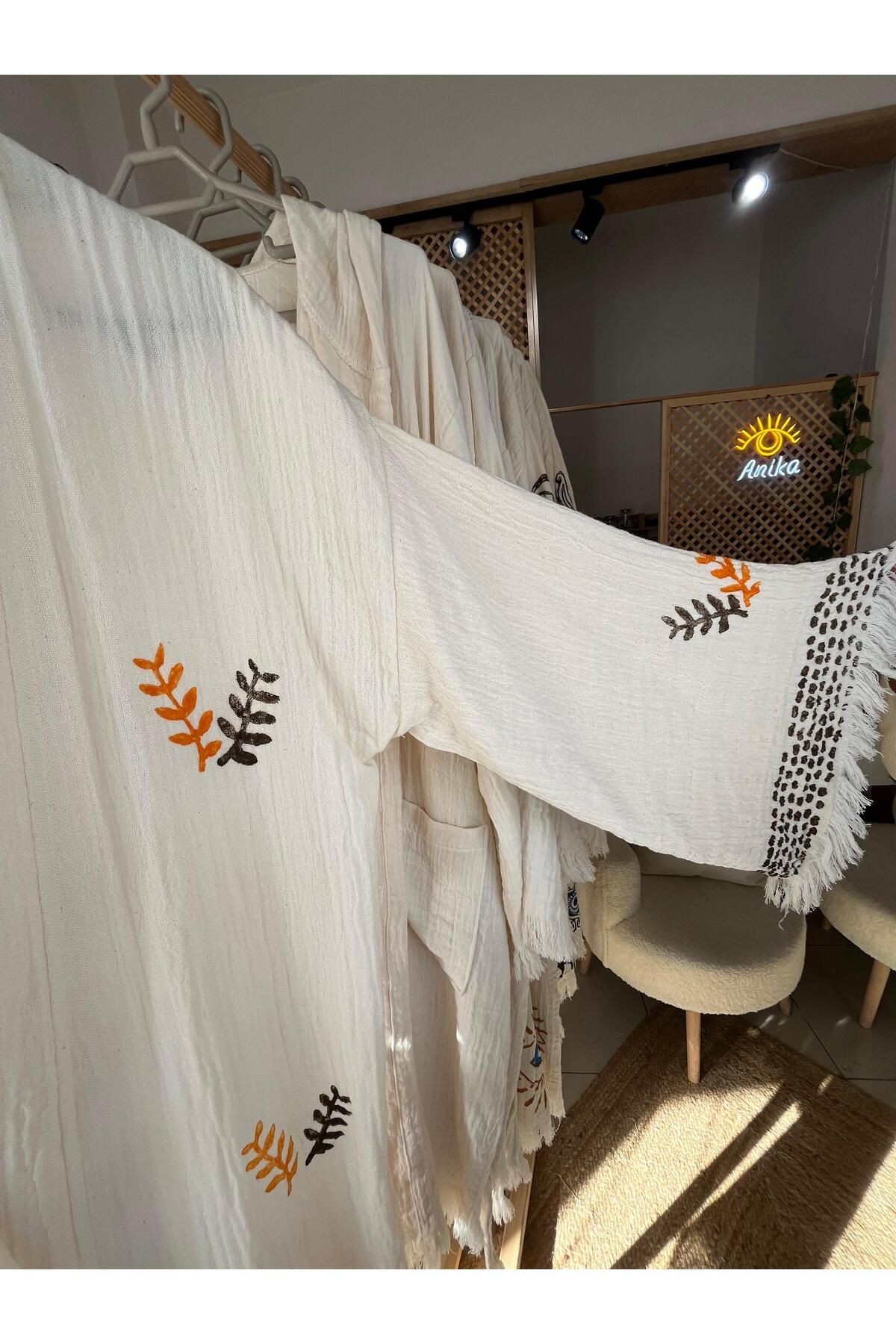 %100 Pamuklu Etnik Desenli Müslin Kimono Yeni Nesil Bornoz Kaftan Sabahlık - El Baskı