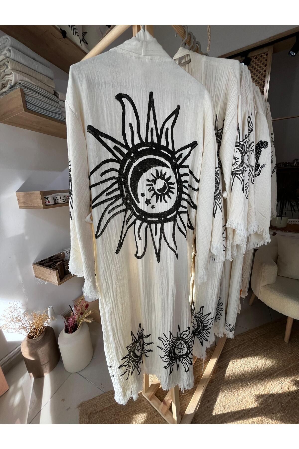%100 Pamuklu Güneş ve Ay Desenli Müslin Kimono Yeni Nesil Bornoz Kaftan Sabahlık - El Baskı