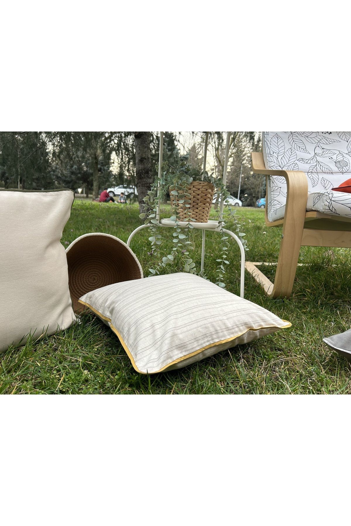 ANİKA Home Keten Kırlent Kılıfı / Hardal Biyeli / Krem /Kare /Yatay çizgili