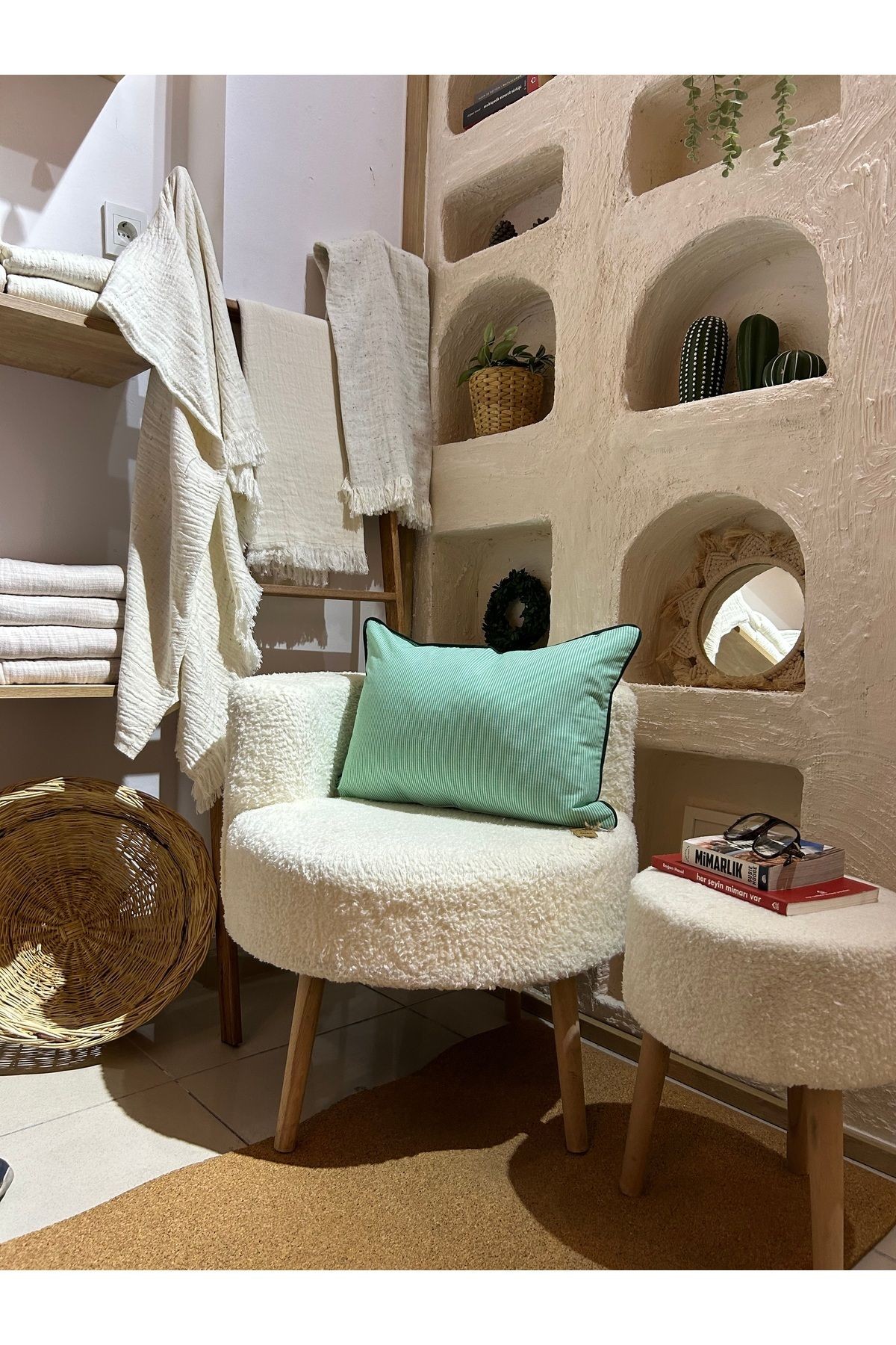 ANİKA Home Keten Kırlent Kılıfı / Biyeli / Yeşil / Dikey Çizgili