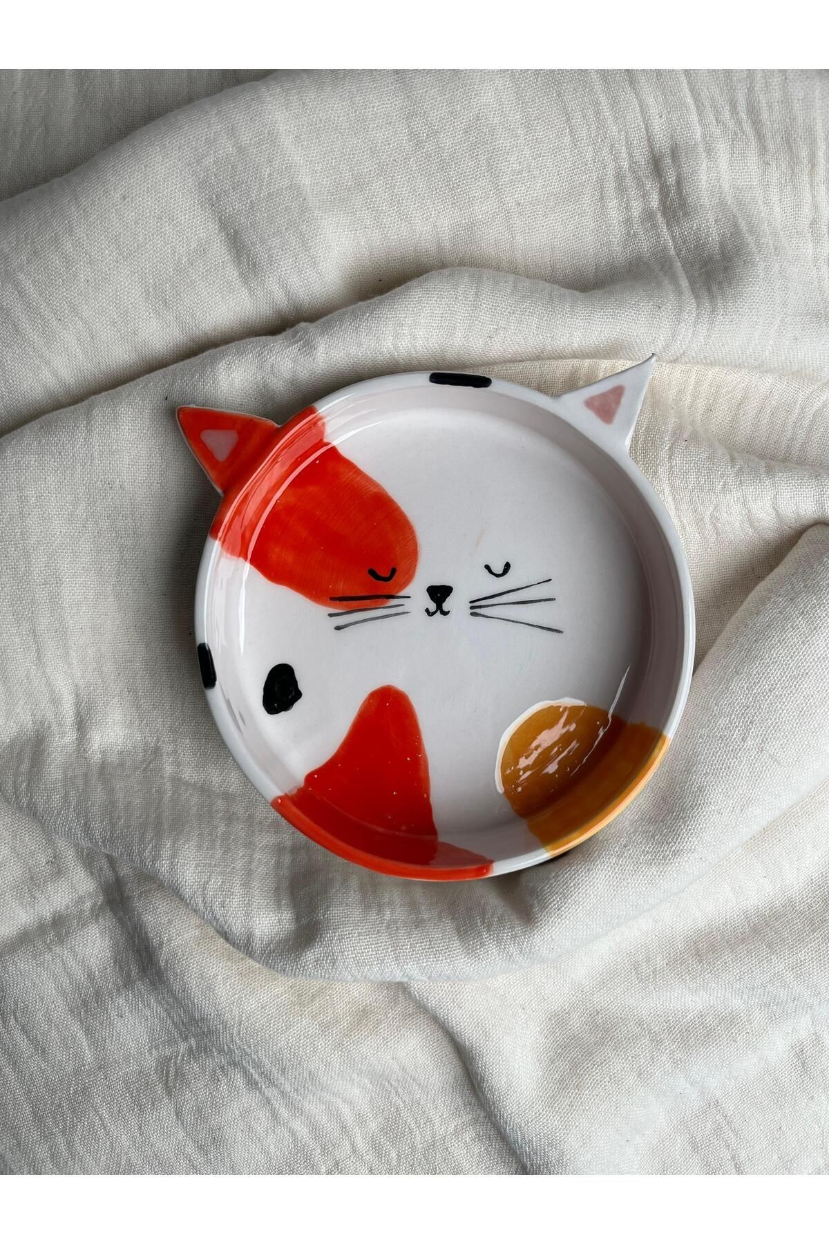 Anika El Yapımı Seramik Mama Kabı Kedi Desenli Kırmızı