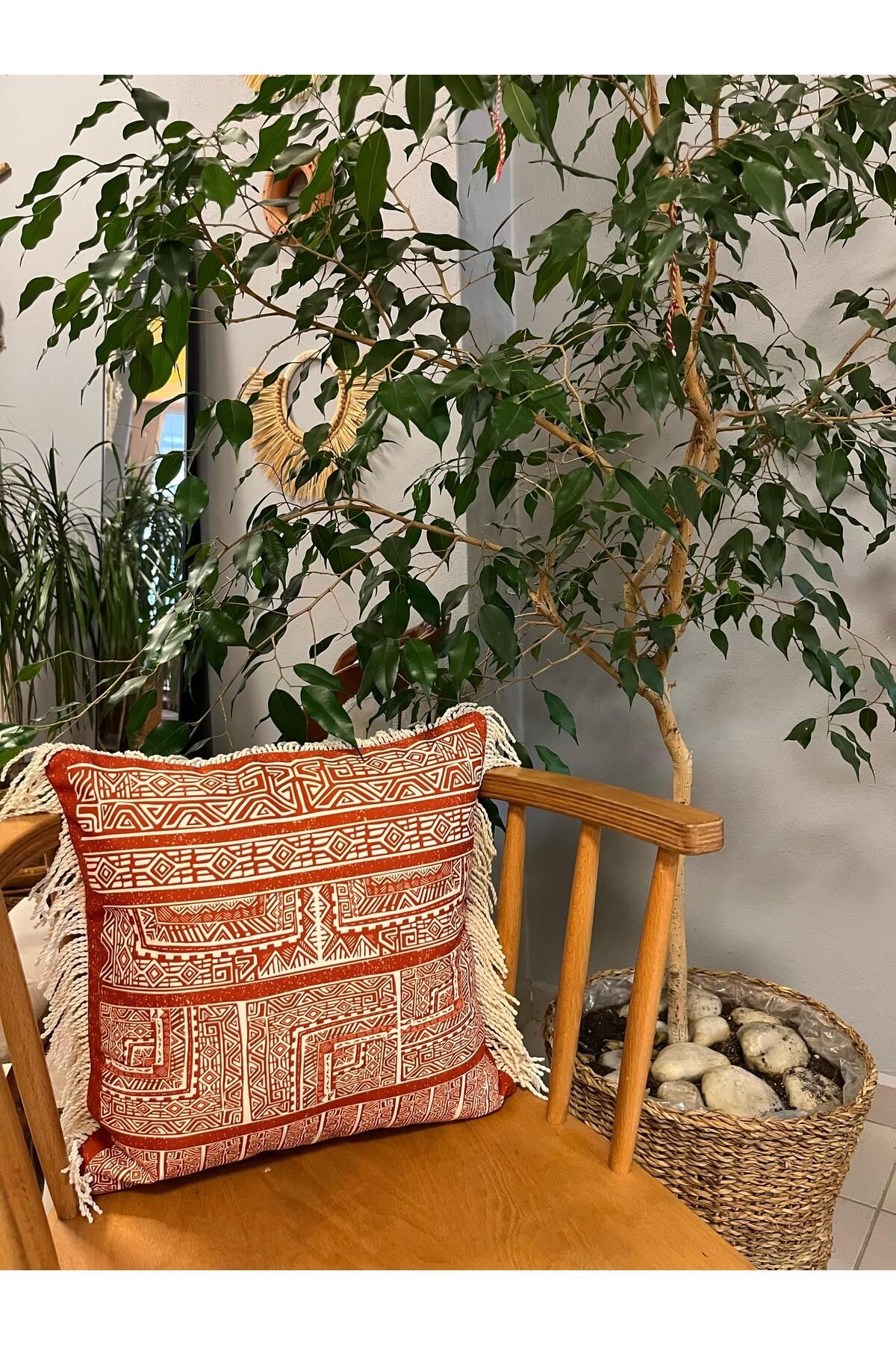 Anika Aztek Desenli Bohem Saçaklı Kare Kırlent Kılıfı Taba