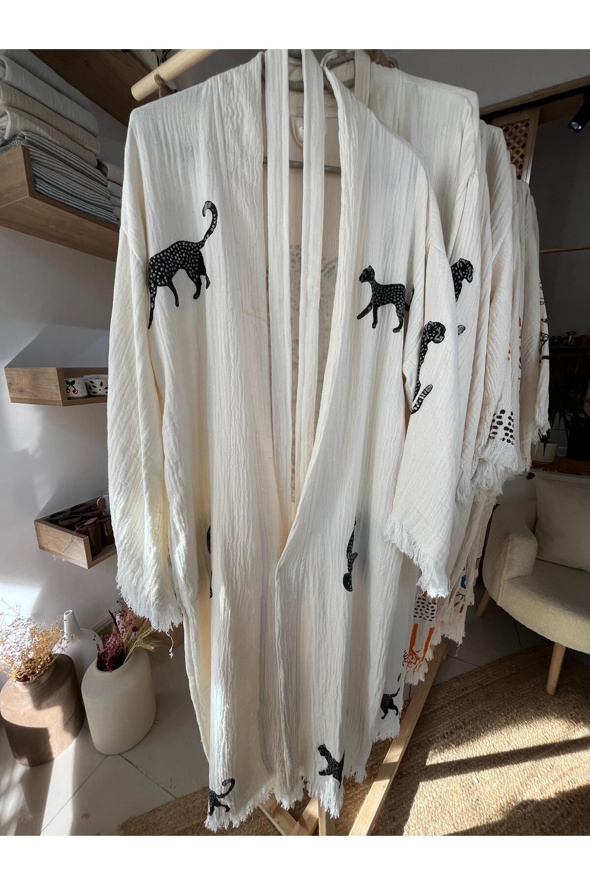 %100 Pamuklu Kaplan Desenli Müslin Kimono Yeni Nesil Bornoz Kaftan Sabahlık - El Baskı