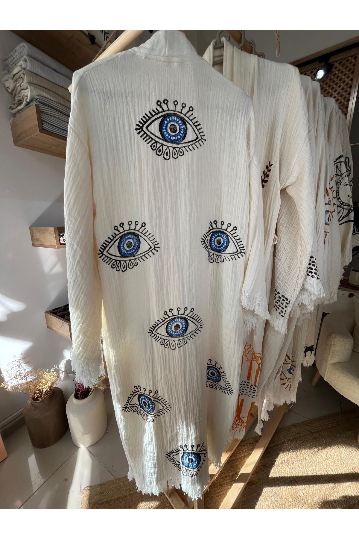 %100 Pamuklu Göz Desenli Müslin Kimono Yeni Nesil Bornoz Kaftan Sabahlık - El Baskı