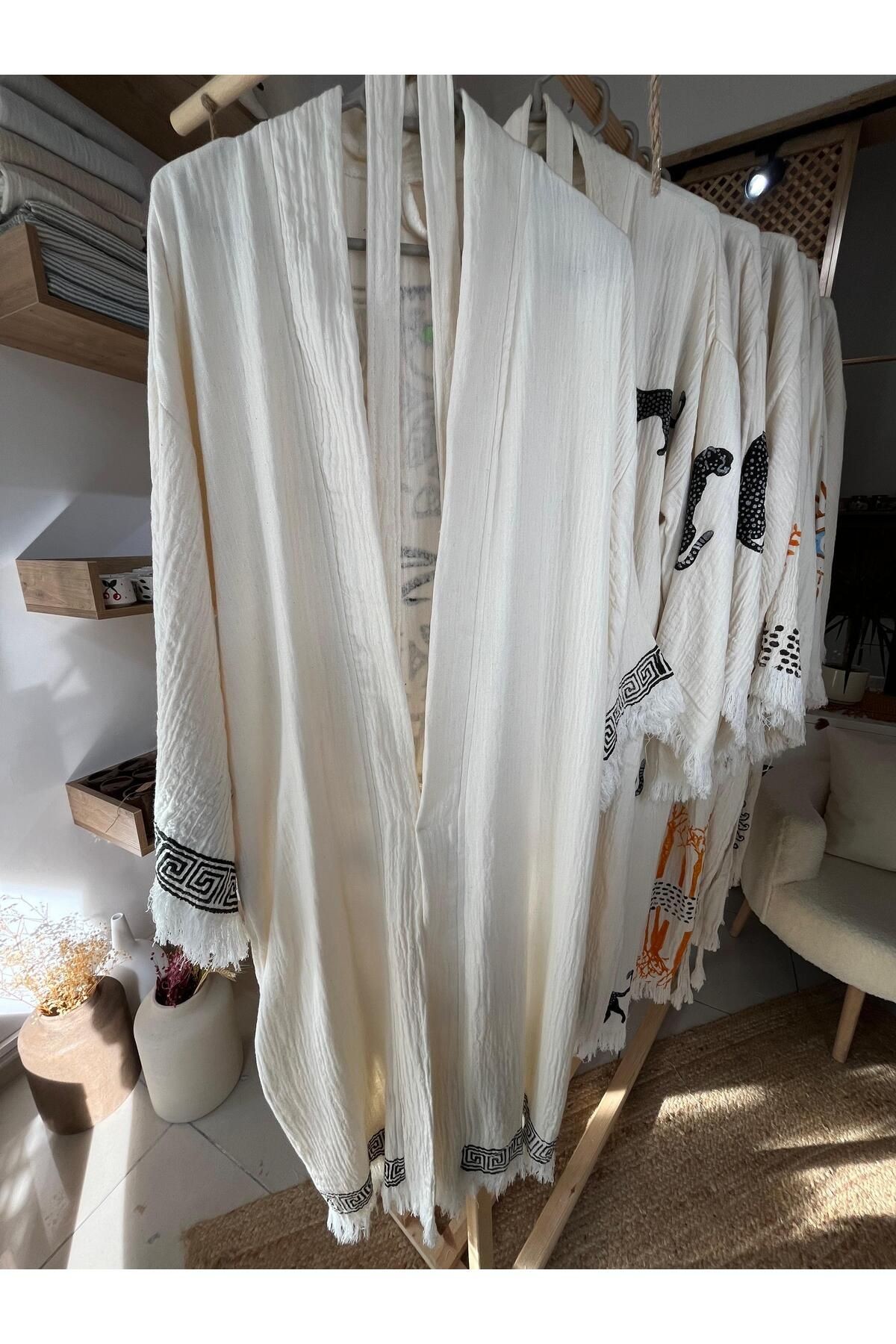%100 Pamuklu Etnik Desenli Müslin Kimono Yeni Nesil Bornoz Kaftan Sabahlık - El Baskı