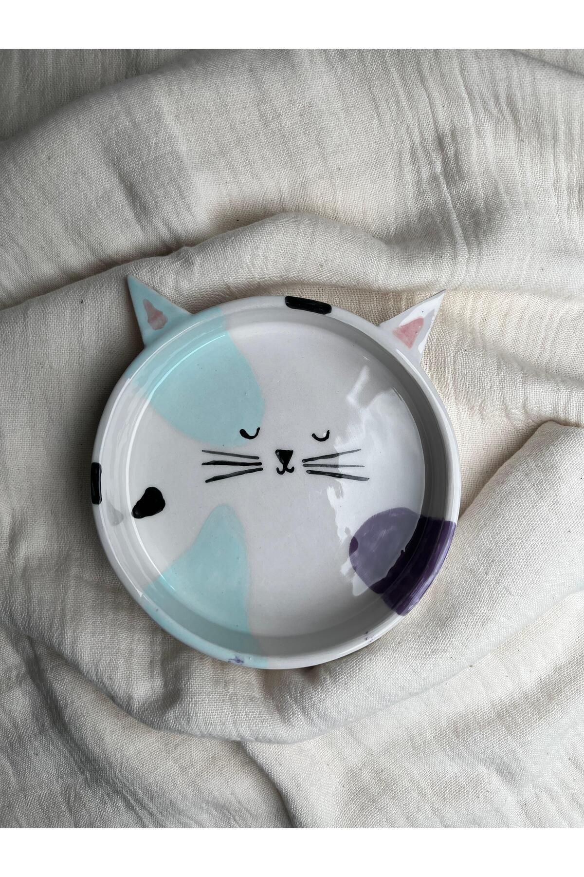 Anika El Yapımı Seramik Mama Kabı Kedi Desenli Mor