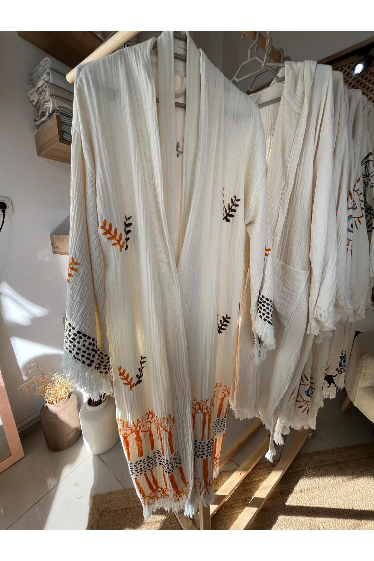 %100 Pamuklu Etnik Desenli Müslin Kimono Yeni Nesil Bornoz Kaftan Sabahlık - El Baskı